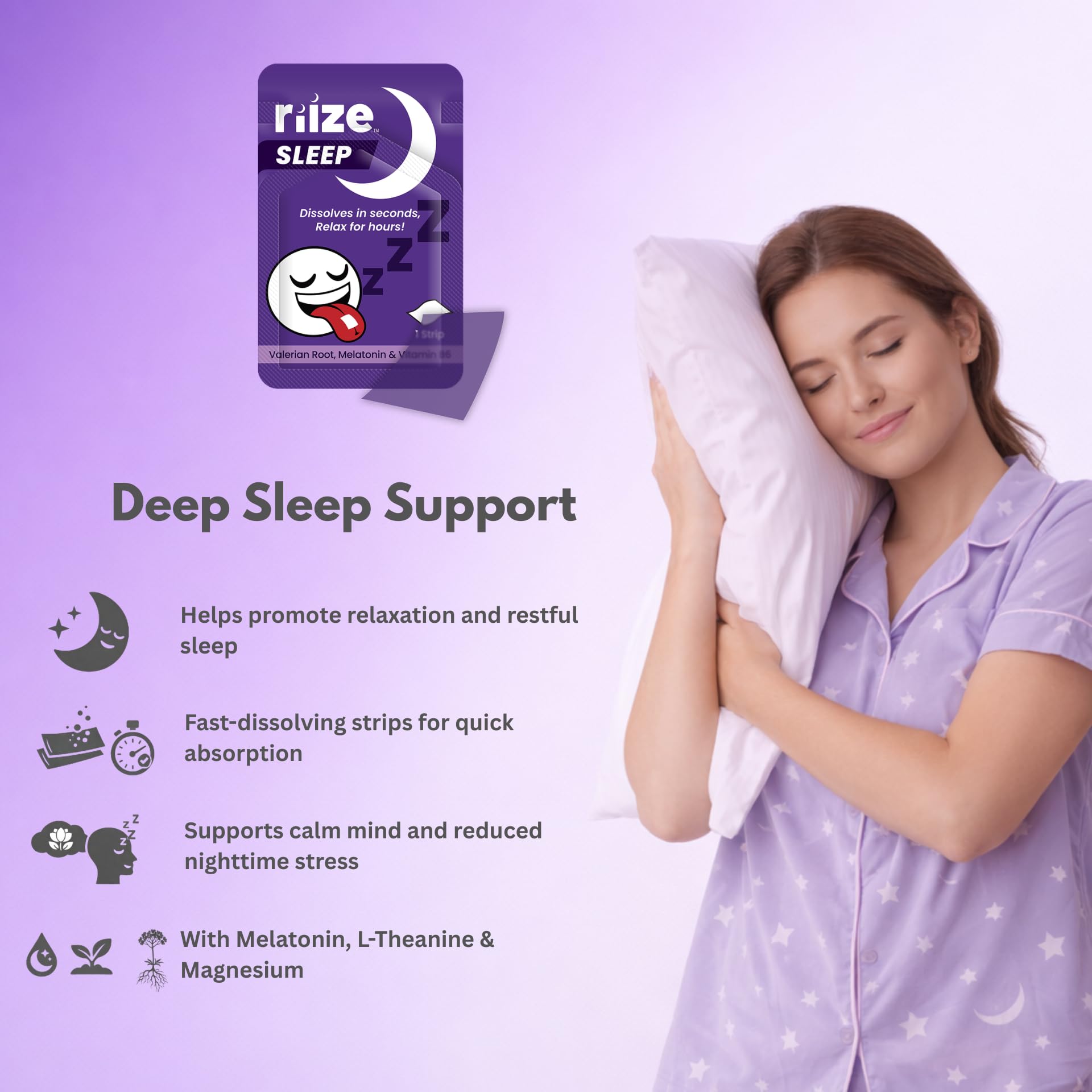 Riize Sleep Strips – Fast Acting Dissolvable Sleep Aid with 5mg Melatonin, L-Theanine & Valerian Root – Oral Sleep Strips for Falling Asleep Faster – 3 Count — Amazon image 3