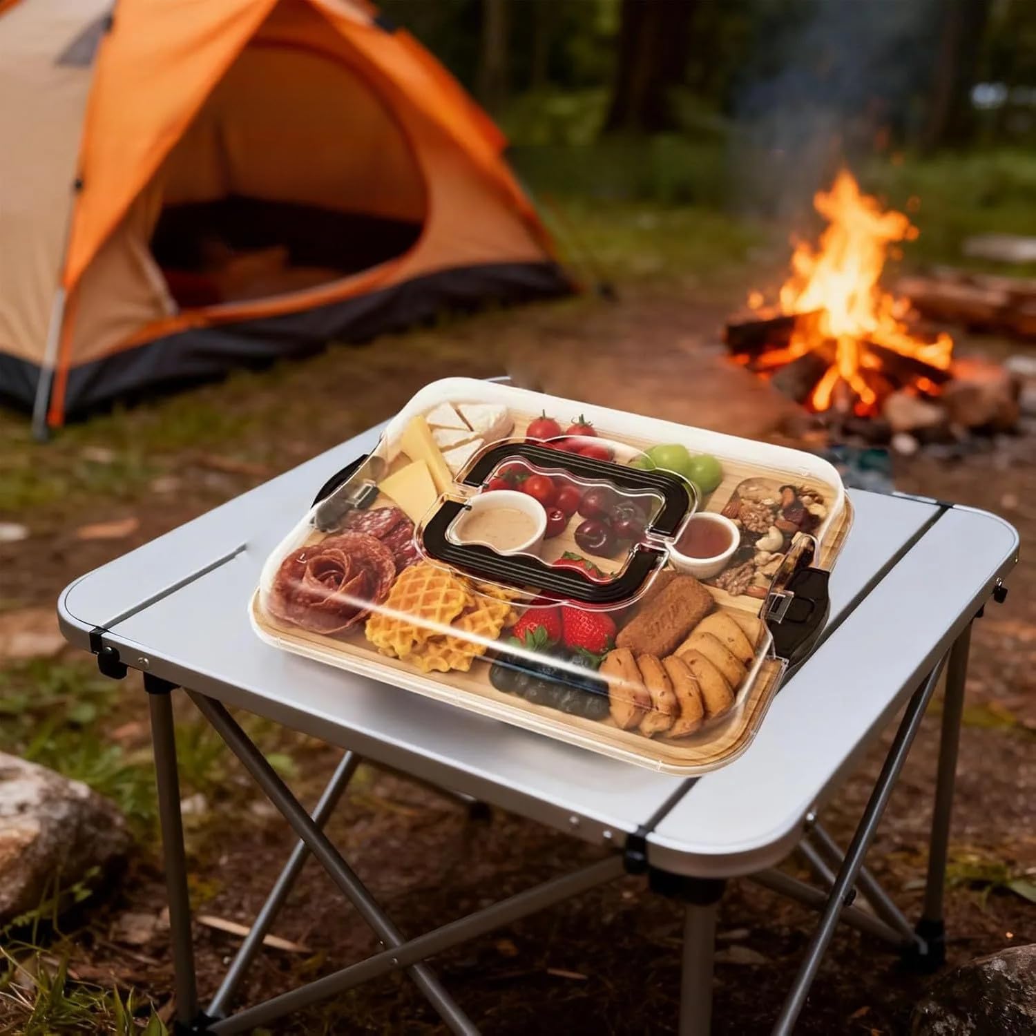 Planche à fromages en bois avec couvercle transparent, plateau de service pour fruits, collations, viande, dessert, assiette à charcuterie, planche à fromages avec compartiments, poignée pour fête