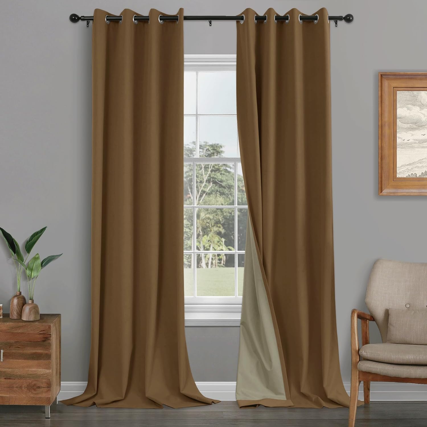 Fcosie 100% Blackout Window Curtains W70 x L63 (1 Panel) / Brown Velvet Grommet Drapes/Cold, Heat & Full Light Blocking Curtains Window Treatments for Dining Room Farmhouse Laundry Room