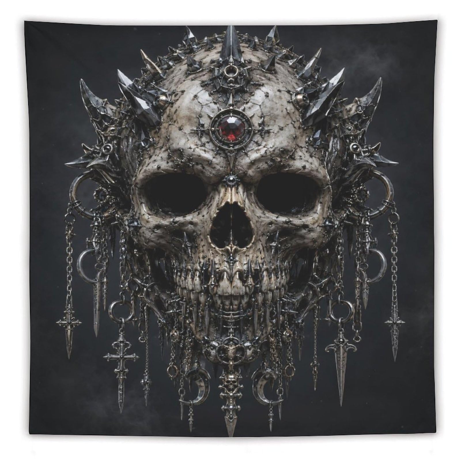 H3B8U2Y5 Ornate Punk Metal Skull Wall Tapestry, Dark Fantasy Illustration