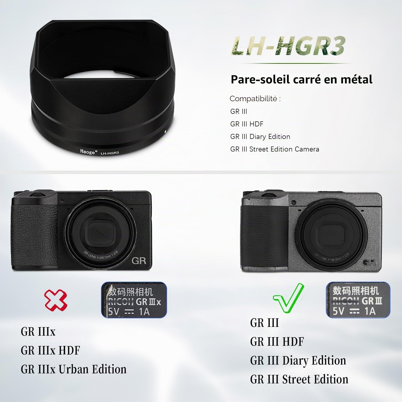 Haoge Pare-soleil carré en métal pour appareil photo RICOH GRIII GR3 HDF Accessoires LH-HGR3