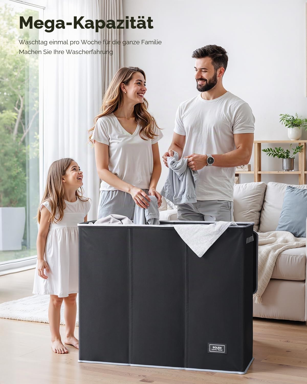 SOLEDI 180L Wäschekorb, Wäschesammler mit Deckel, 3 Fächer und 3 Wäschesack - Großer XXXL Wäschesortierer für Badezimmer, Schlafzimmer, Wäschekammer, Kinderzimmer - 3 x 60L