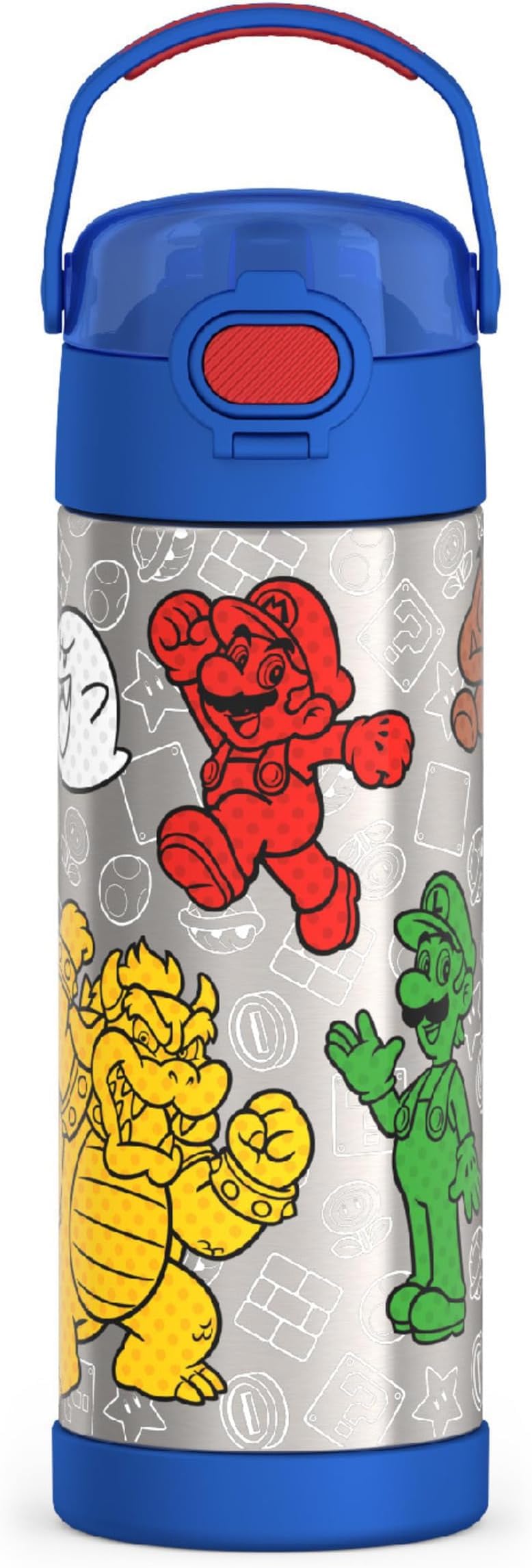THERMOS FUNTAINER 16 Ounce Stainless Steel Vacuum Insulated Bottle with Wide Spout Lid,Mario,(Pack of 6) Mario (Pack of 6) 16 Ounces (Pack of 6)