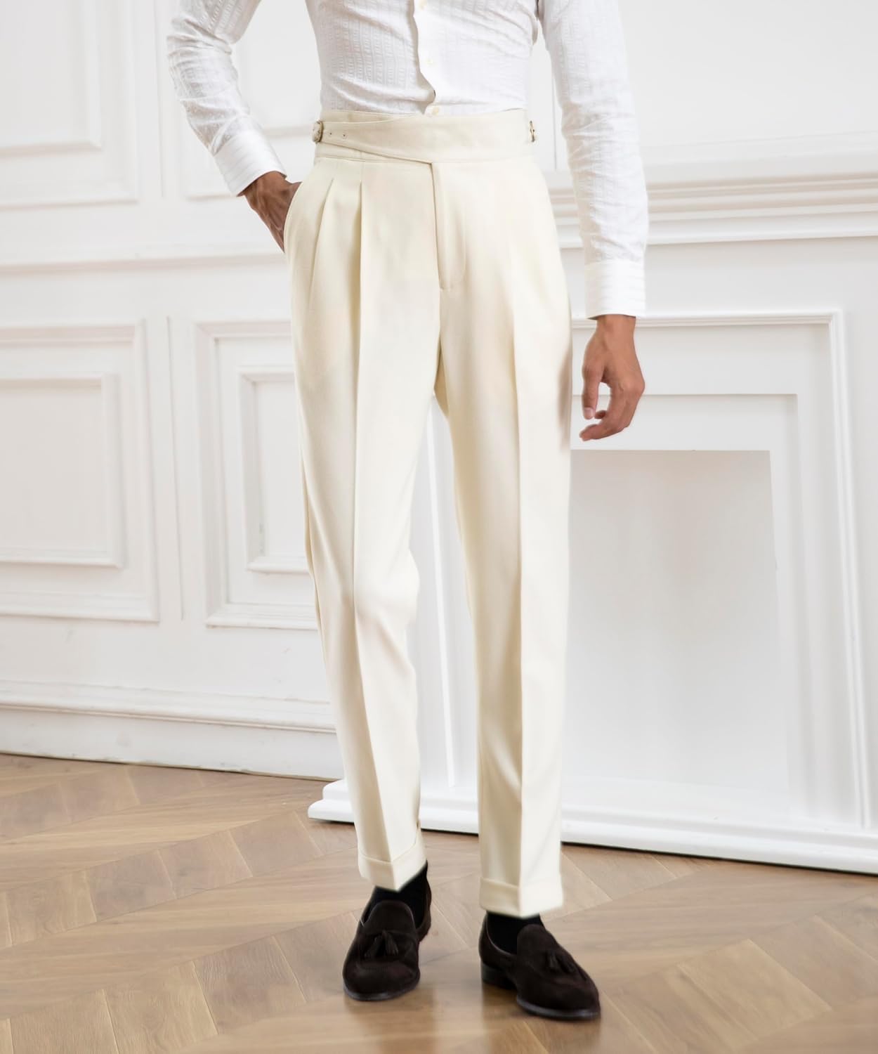 Men's Classic Gurkha Naples Italian Style Dress Pants No Need to tie a Belt