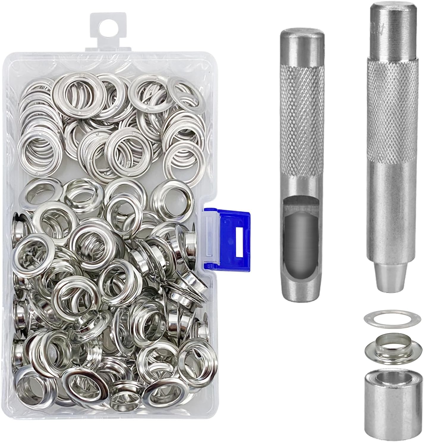 Grommet Tool Kit, Grommet Setting Tool and 100 Sets Grommets Eyelets 12mm(1/2 Inch Inside Diameter) with Storage Box for Tarpaulin Leather Fabric Canvas Belt Craft Making