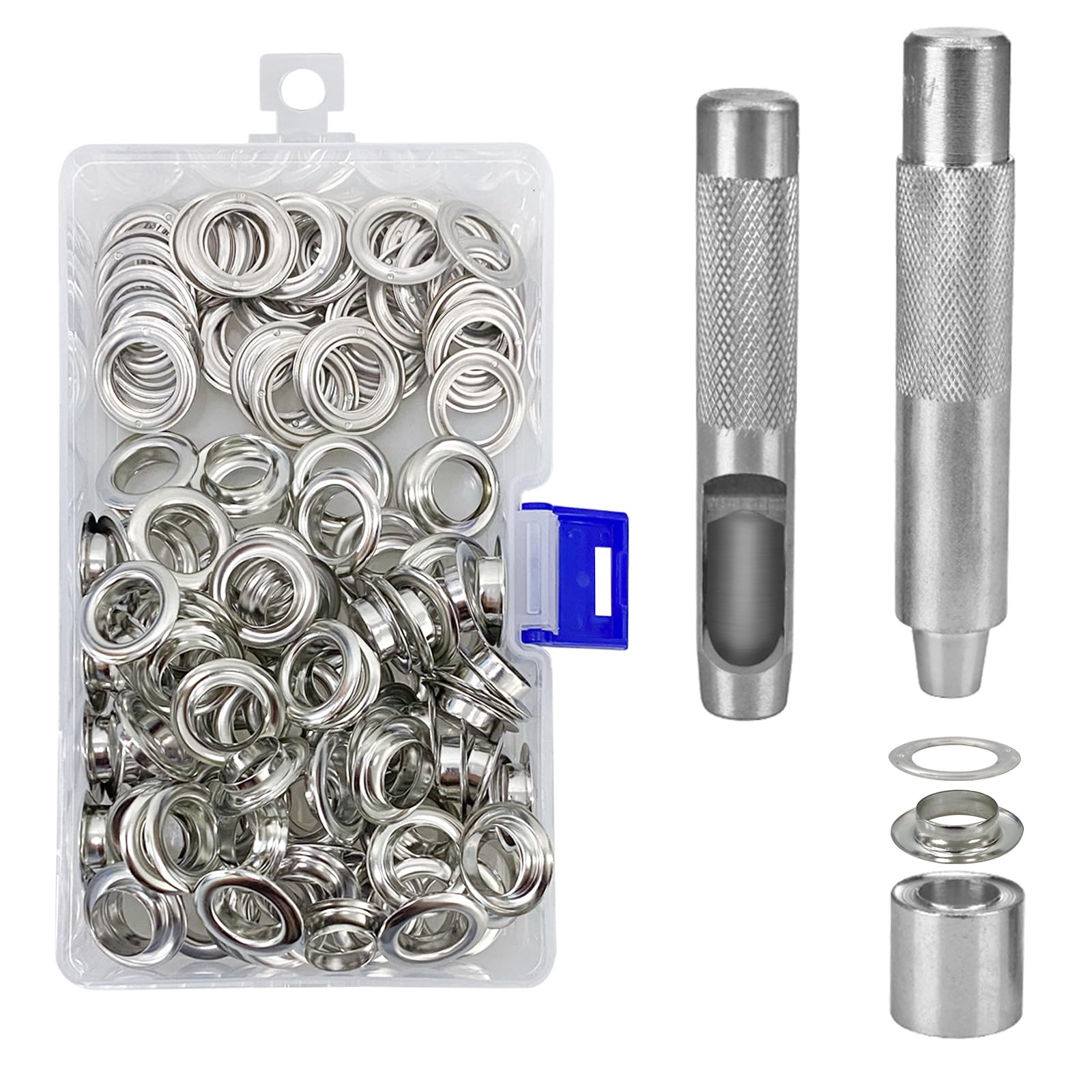 Moonlux Silber Grommet Tool Kit, Grommet Setting Tool And 100 Sets Grommets Eyelets 12Mm(1/2 Inch Inside Diameter) With Storage Box For Tarpaulin Leather Fabric Canvas Belt Craft Making