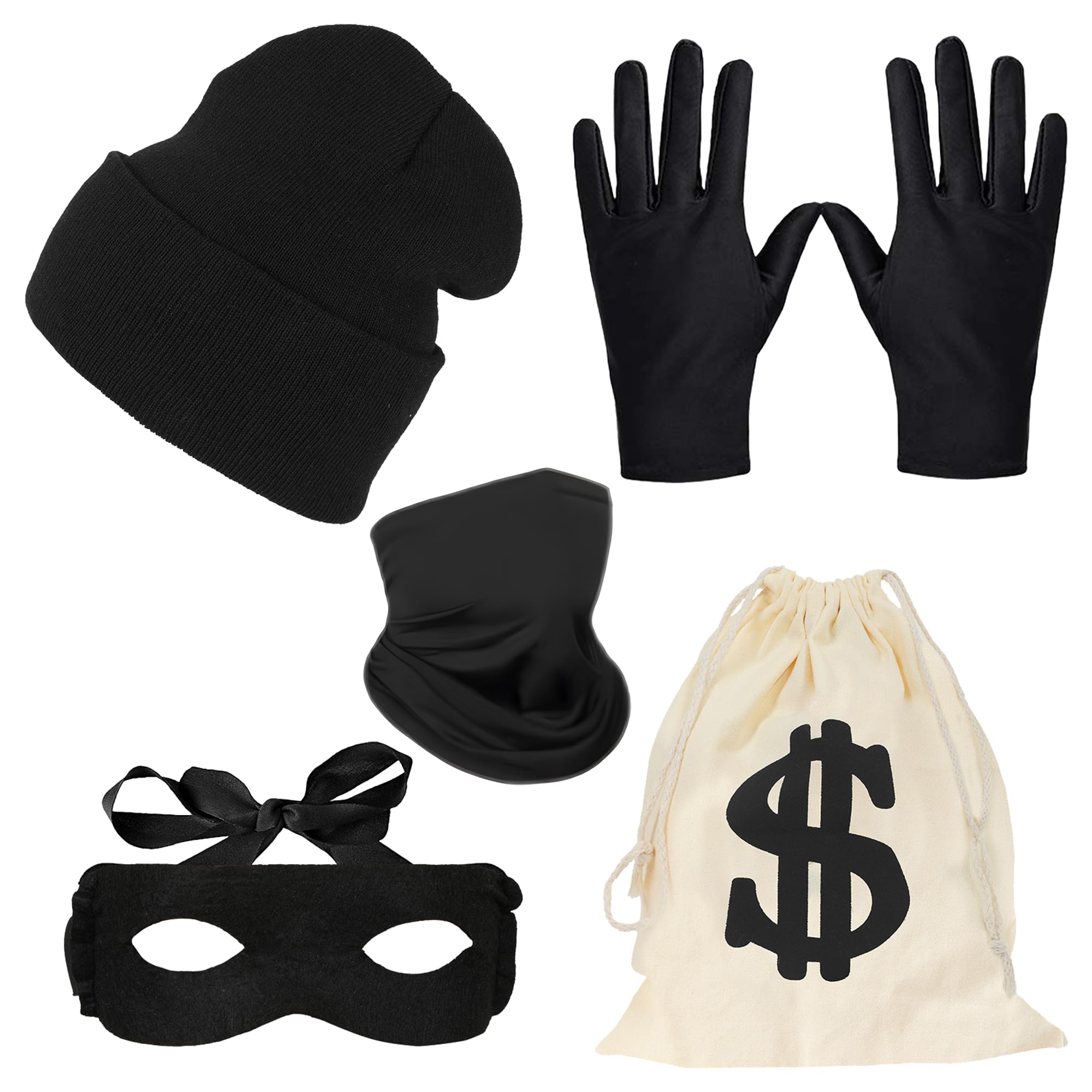 BOZILY 5 Pcs Robber Costume Set for Adult - Complete Bank Robber Outfit with Canvas Money Bag, Burglar Mask, Perfect for Cosplay Party, Dress Up | Comfortable Prisoner Accessories for Men & Wom