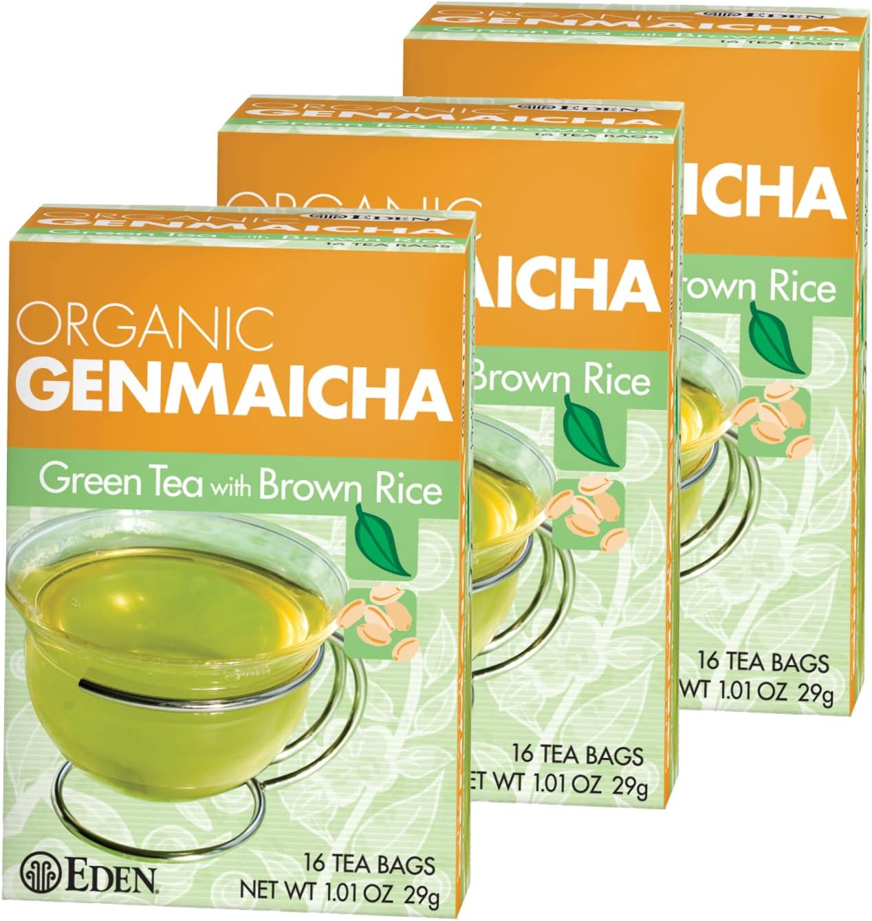 Eden Genmaicha Organic Green Tea, Sencha Green Tea with Roasted Organic Brown Rice, Japanese, 16 Unbleached Manila Tea Bags/Box (3-Pack)