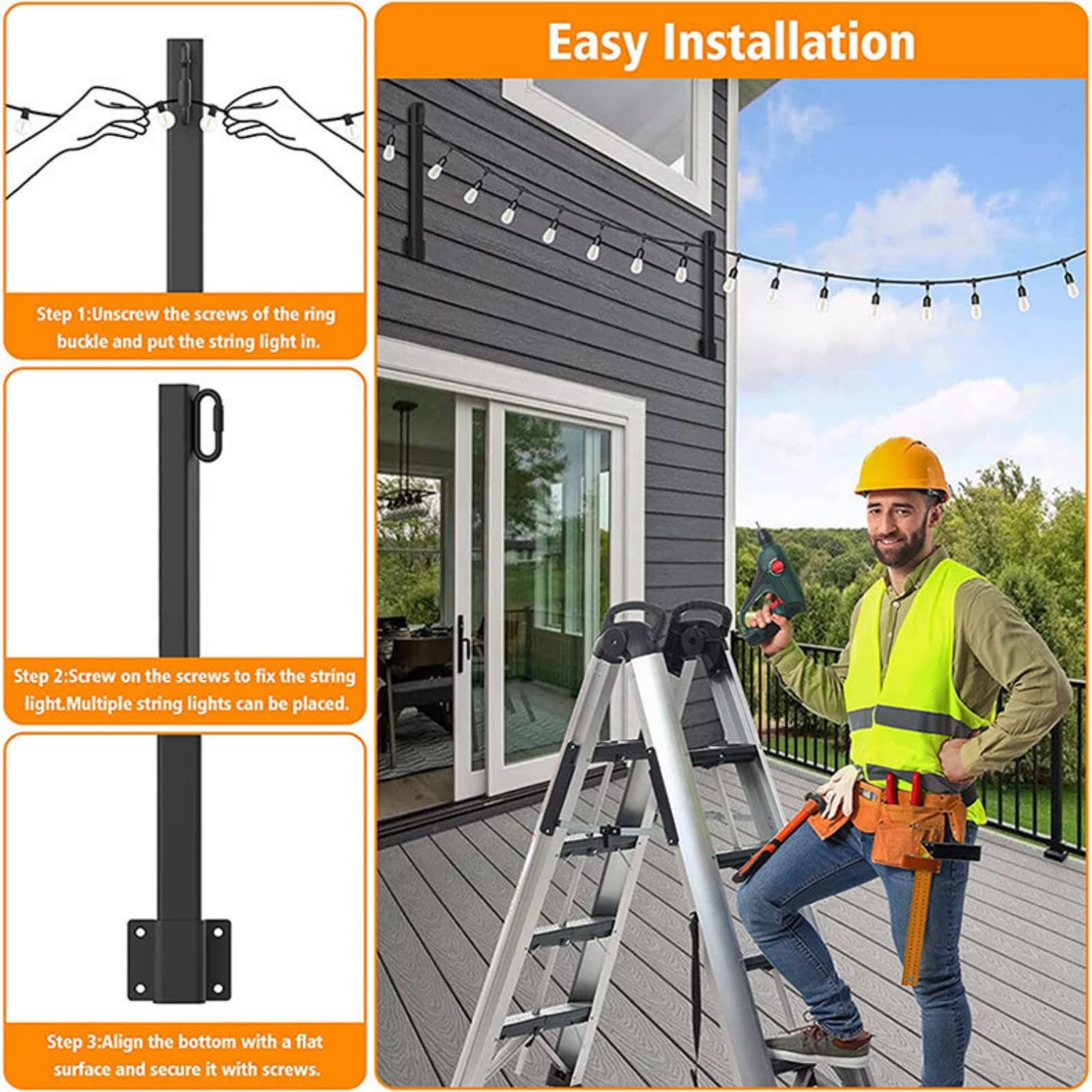 mumisuto Staffa Palo Supporto Lampione, 4 Pezzi Staffa Palo Supporto Lampione Faro Stradale per Esterno in Metallo Nero, per Faro LED Solare, Telecamere, per Appendere Catene Luminose