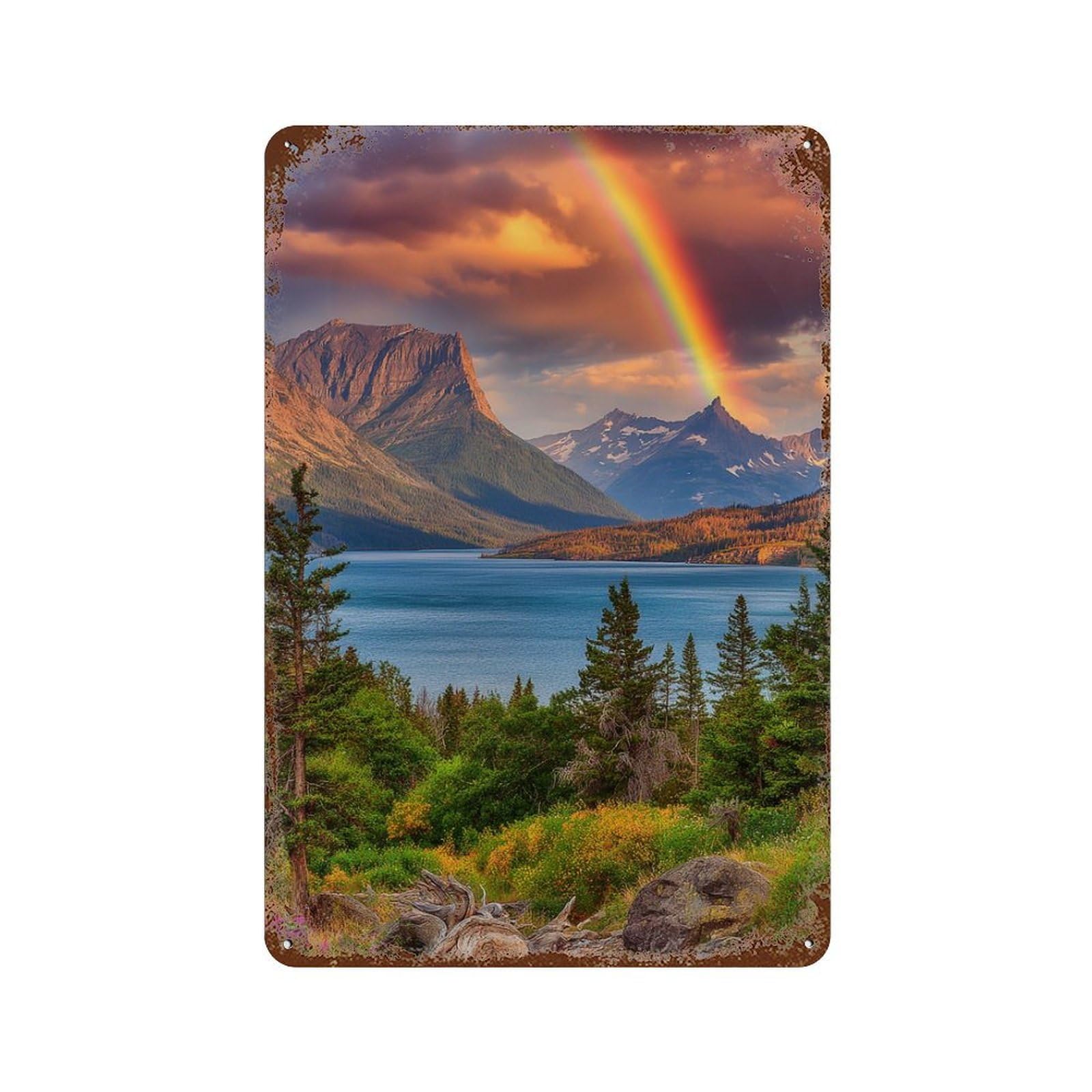 Rust Effect Rainbow Mountain Lake Scenery Rustic Tin Plaque 11.8"x7.9", Industrial Home Decor for Bistro, Counter And Cafe Decor