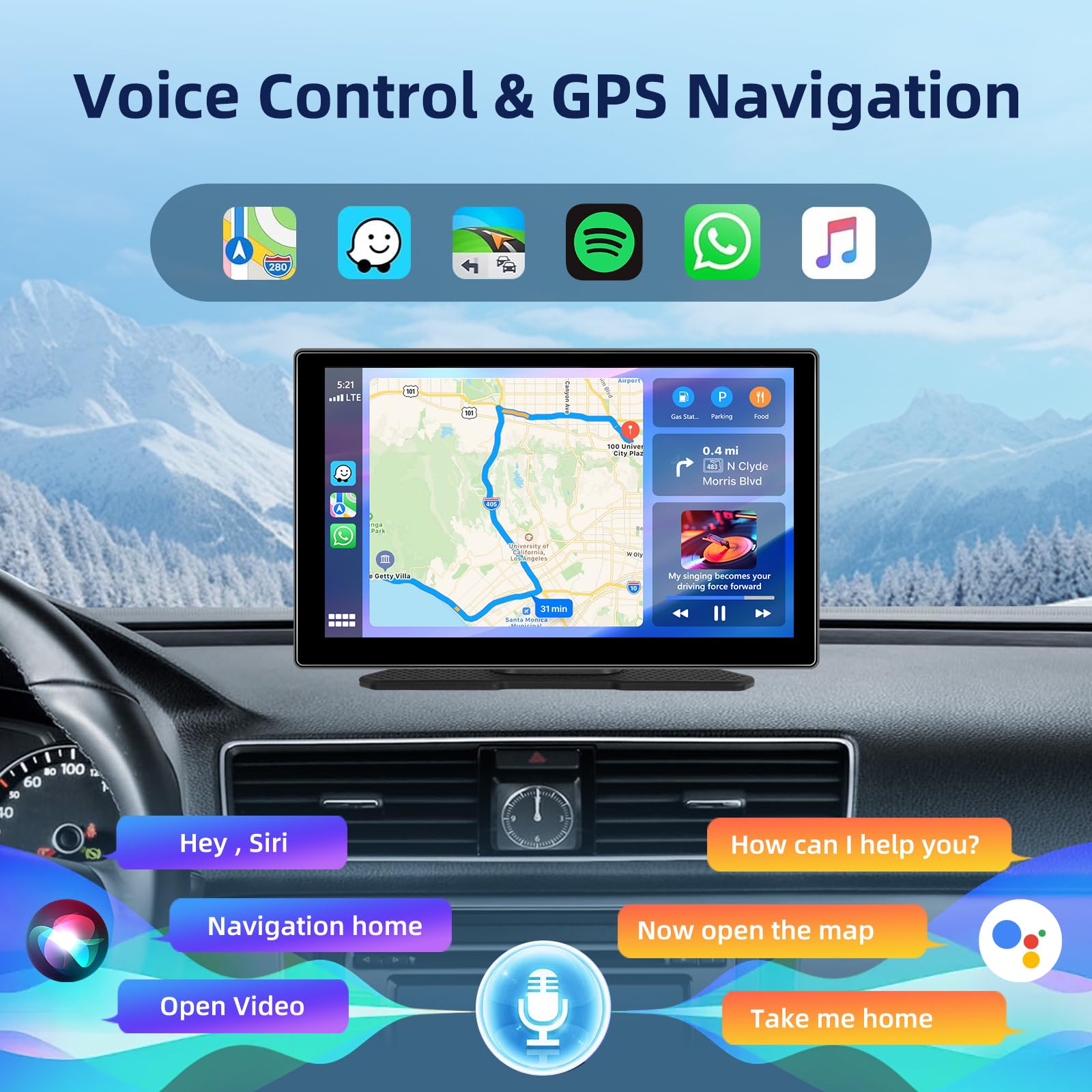 9 Zoll Tragbares Autoradio mit Wireless Carplay Android Auto Bildschirm, 7-32V Touchscreen mit Sprachassistent/Bluetooth/FM Transmitter/AUX+ Camera