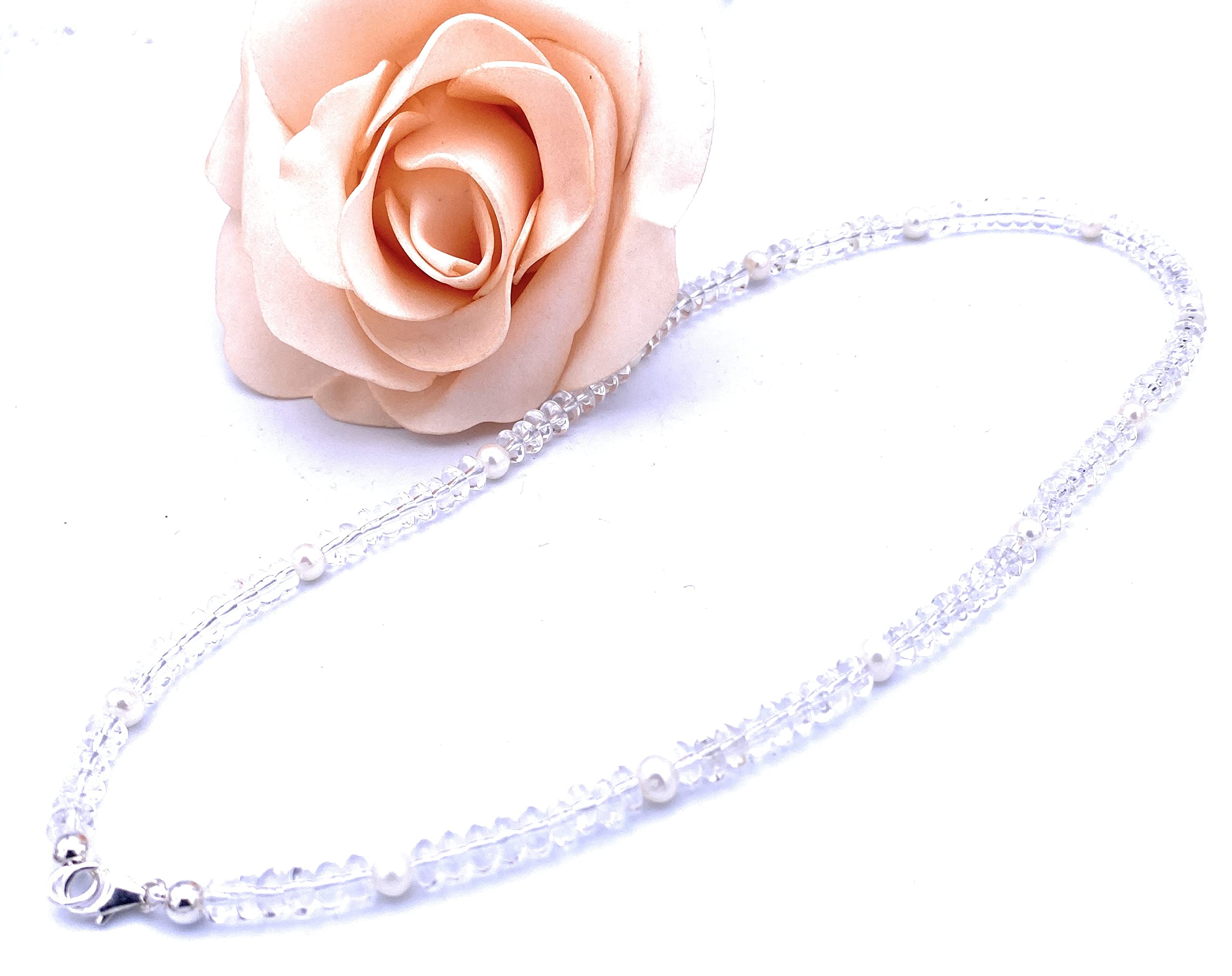 Bergkristall Schmuck (Halskette) Bergkristall Kette mit Süßwasserperlen Verschluss 925er Sterling-Silber Modellnummer 255A