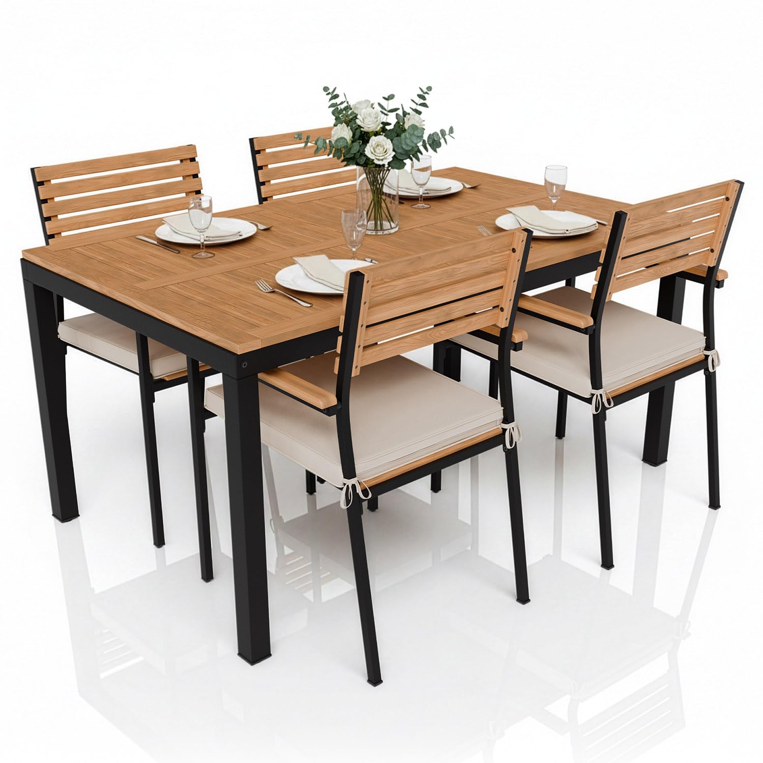 Juskys Salon de Jardin en Bois d'acacia Rhodos - Table, 4 chaises & Coussins - Mobilier de Jardin en Bois, 5 pièces - Meubles de Balcon - Mobilier d'extérieur Bois Naturel & Noir