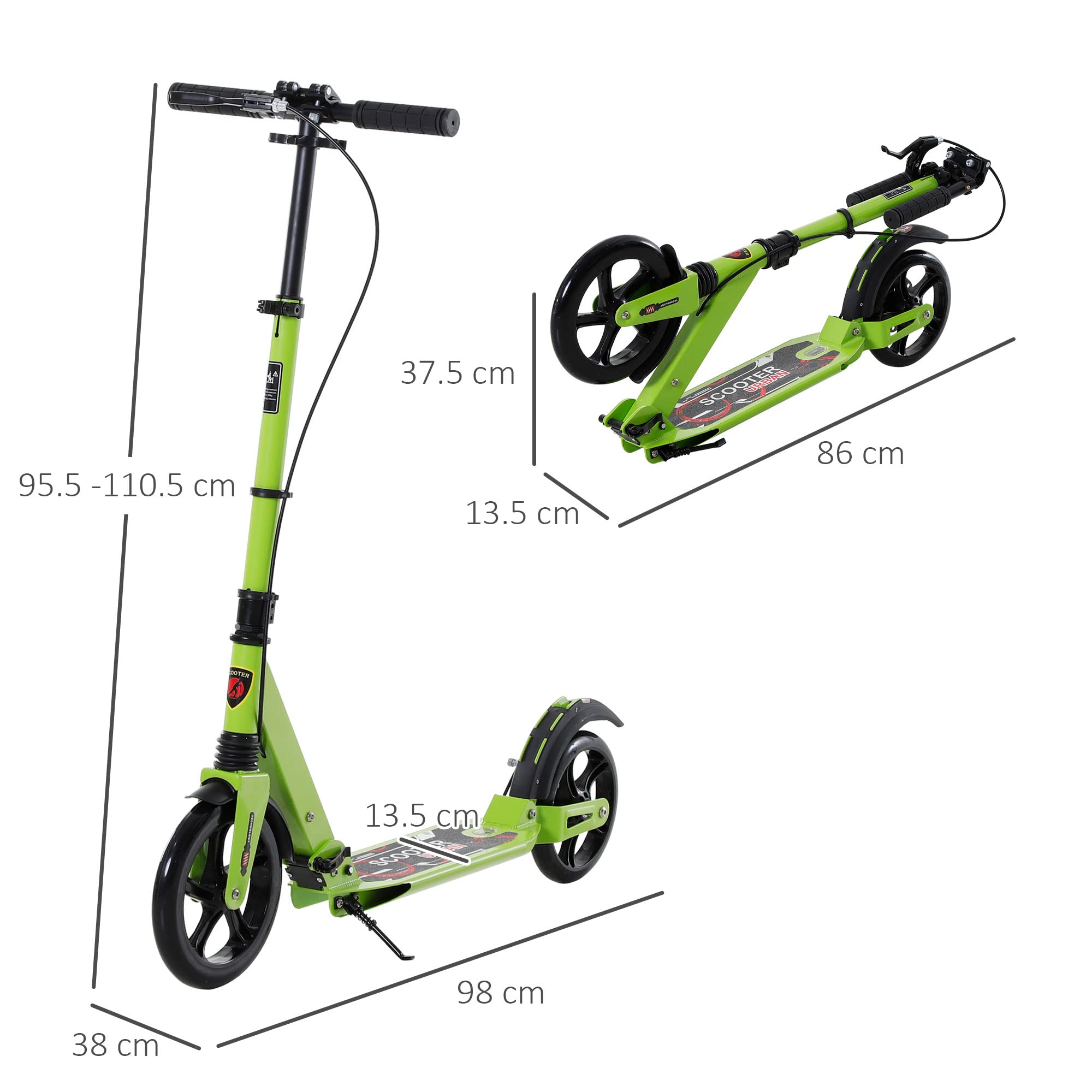 HOMCOM Patinete plegable de 2 ruedas para más de 14 adolescentes y adultos, color verde | Sistema de freno doble, suspensión doble, ruedas grandes de 230 mm, 3 manillares ajustables, hasta 100 kg