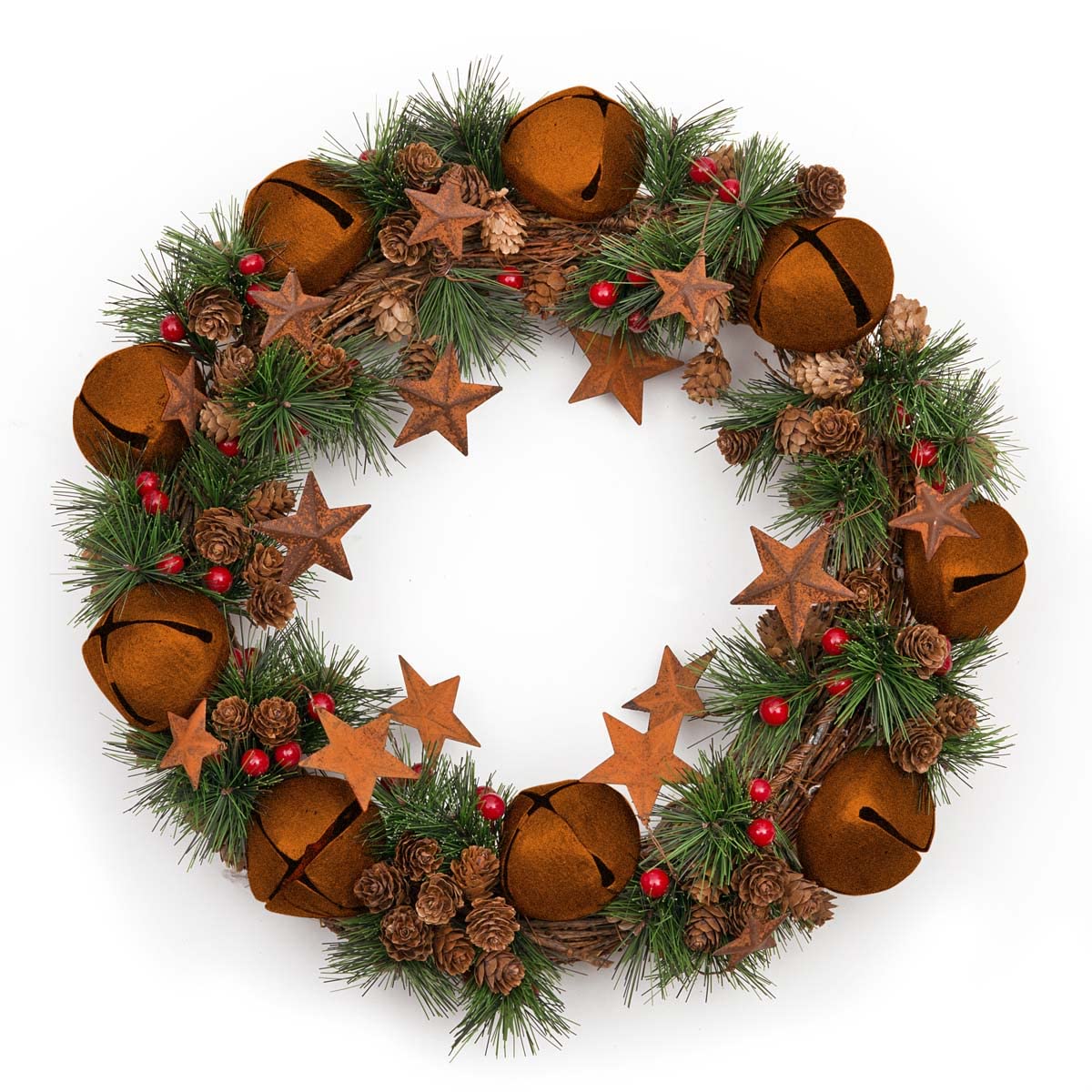 40cm Christmas Wreath with Rustic Jingle Bells Stars Pine Cones Berries Leaves for Outdoor Xmas Home Office Mantelpiece Decorations