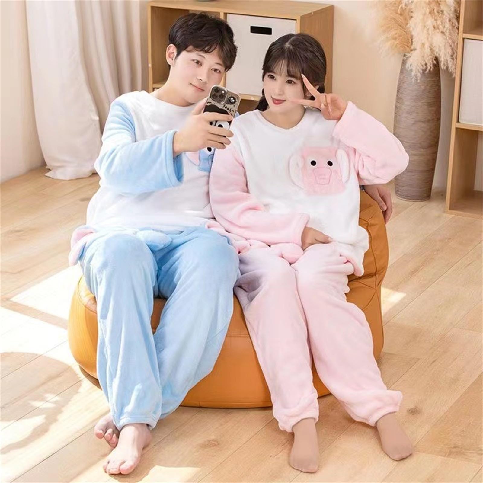 Generisch Pijama de forro polar para hombre, traje de casa de franela de gran tamaño, conjunto de pijamas de 2 piezas, parte superior y pantalones de pijama, cálido para hombre, ropa de dormir de peso