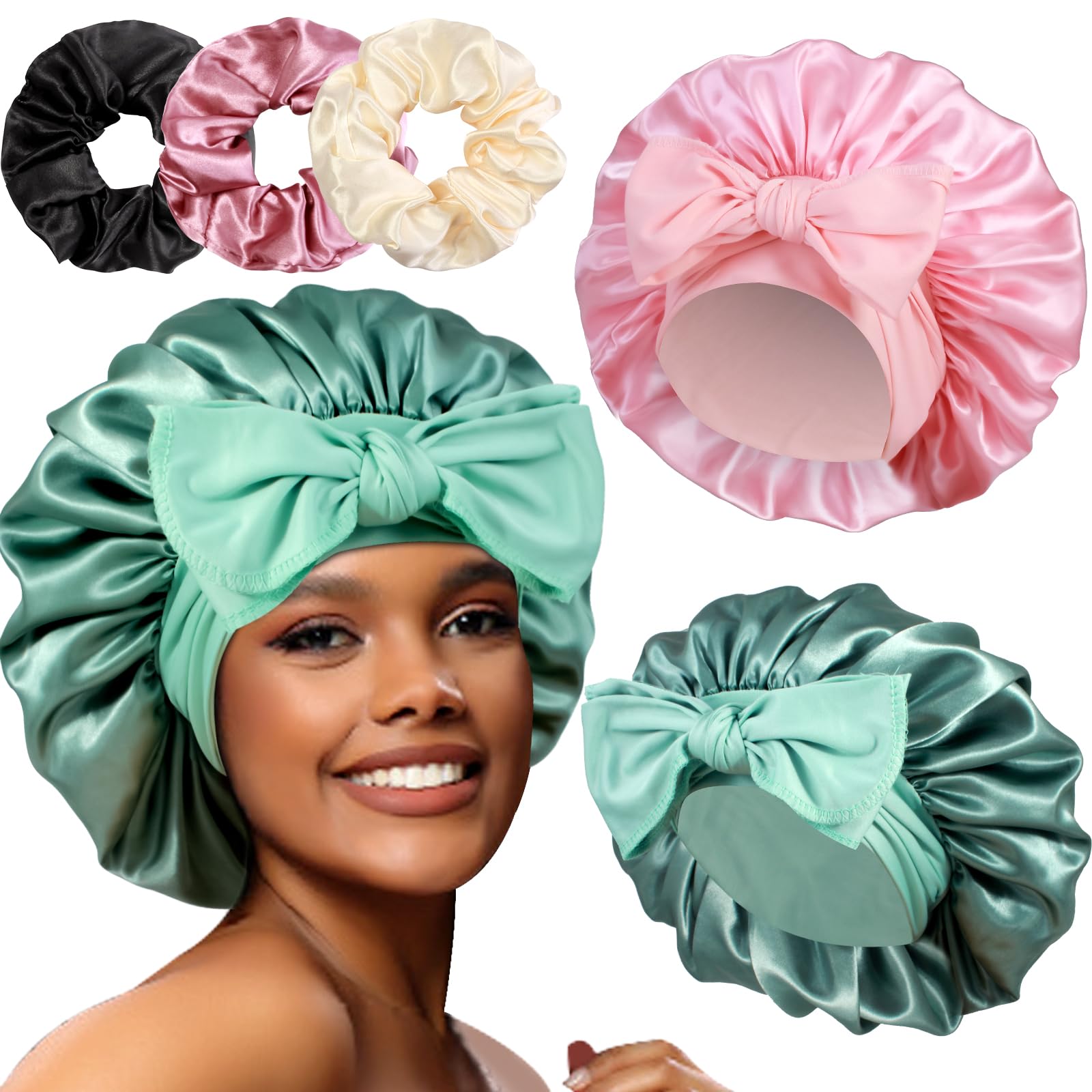 2+3 Large Satin Bonnets with Scrunchies for Women, Hair Bonnet Sleeping Tie Bonnet for Braids Curly Hair