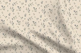 Spoonflower Fabric - Beige Botanical Cream Blue Floral Cottage Core Rustic French Country Printed on Petal Cotton Fabric Fat Quarter - Sewing Quilting Apparel Crafts Decor