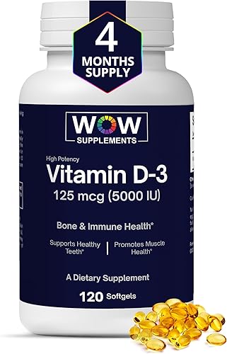 WOW Supplements Vitamina D3 5000 UI cápsulas blandas, 125 mcg  Suplemento de vitamina D3 5000IU para huesos fuertes y apoyo inmunológico  Sin OMG,