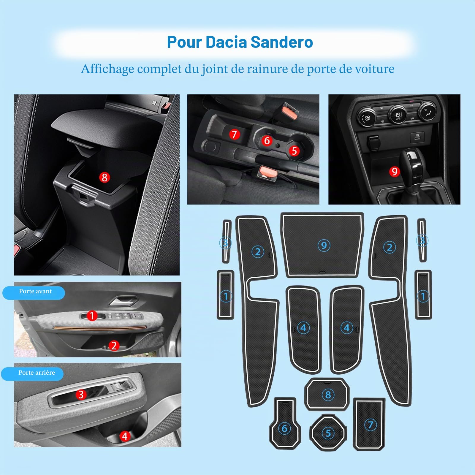 Tapis Anti-dérapants Compatible avec Dacia Sandero 3 Sandero Stepway 3 2021-2024, Dacia Sandero Tapis en Caoutchouc pour Accoudoir, Console Centrale, Porte-Gobelet, Rainure de Porte (Blanc)