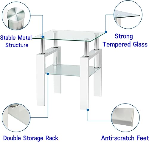 Miniatura 7 de Juego de 2 mesas auxiliares de cristal, mesa auxiliar cuadrada de 2 niveles con marco de metal, mesita de noche pequeña para sala de estar,