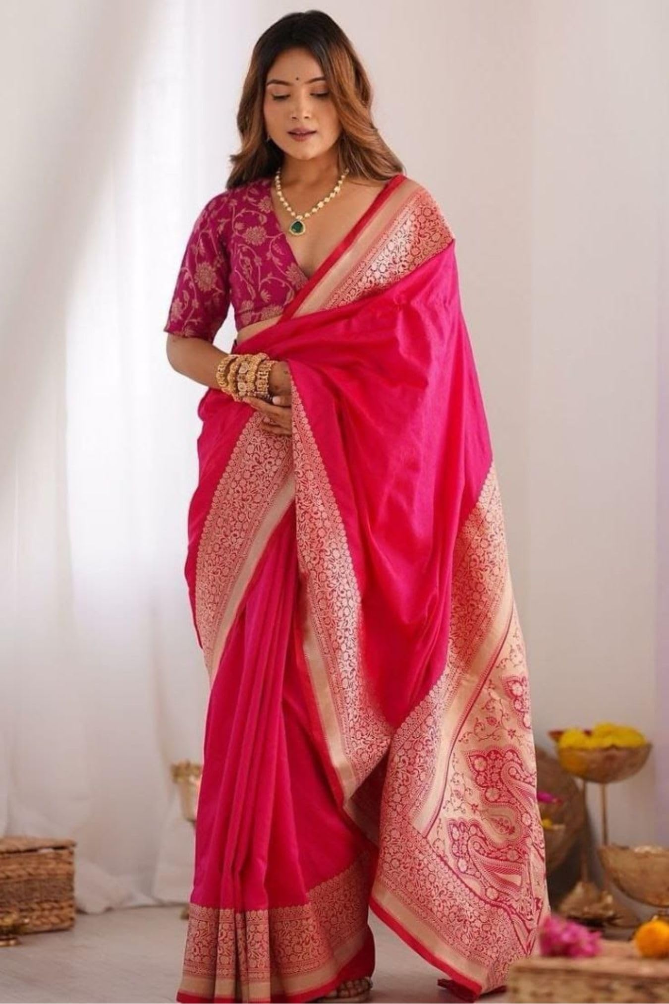SGF11 Women's Kanjivaram Pure Soft Silk Saree With Unstitched Blouse Piece (Pink)