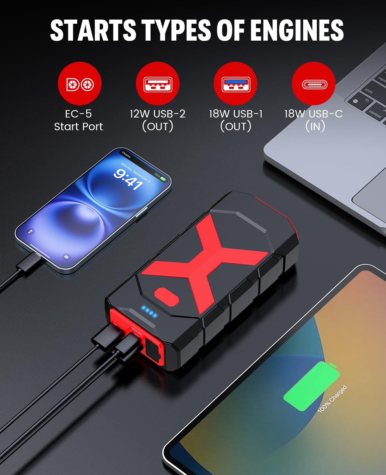 BOOKOO Arrancador A9 de 4000 A para coche, barco, cortacésped, motores diésel de 12 L de gas y 10 L, batería portátil de 12 V con cables de puente, puertos USB de carga rápida y USB C, 3 modos LED y