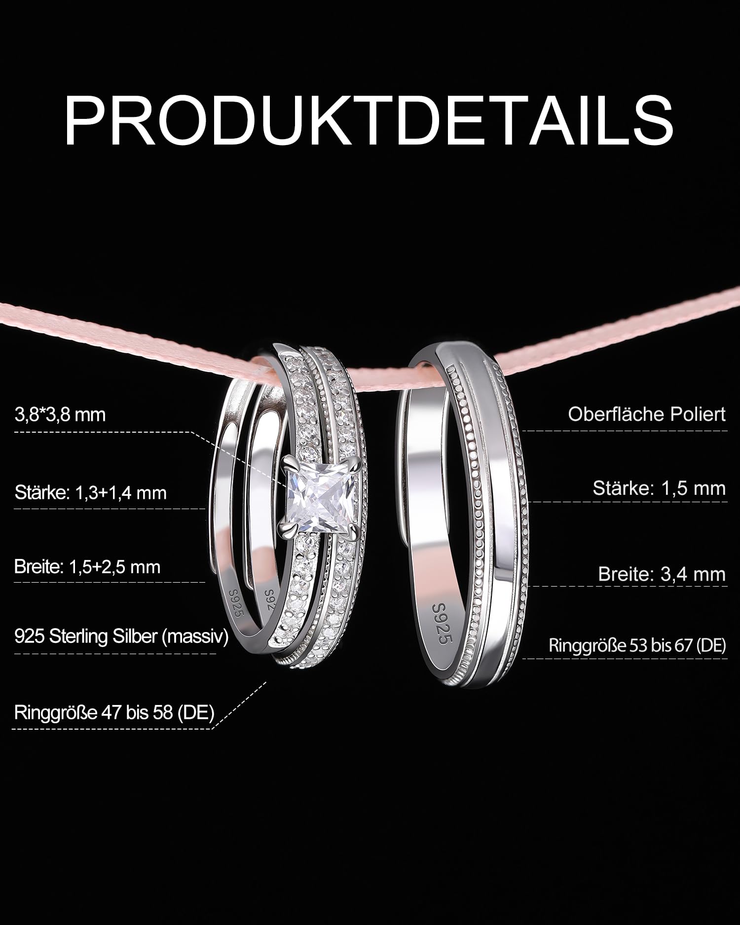 Meissa Verlobungsringe Paar Damen & Herren Eheringe Silber 925 3er Ring Set mit quadratischem Zirkonia Verstellbare Partnerringe für Sie und Ihn Hochzeit Jahrestag Geschenk