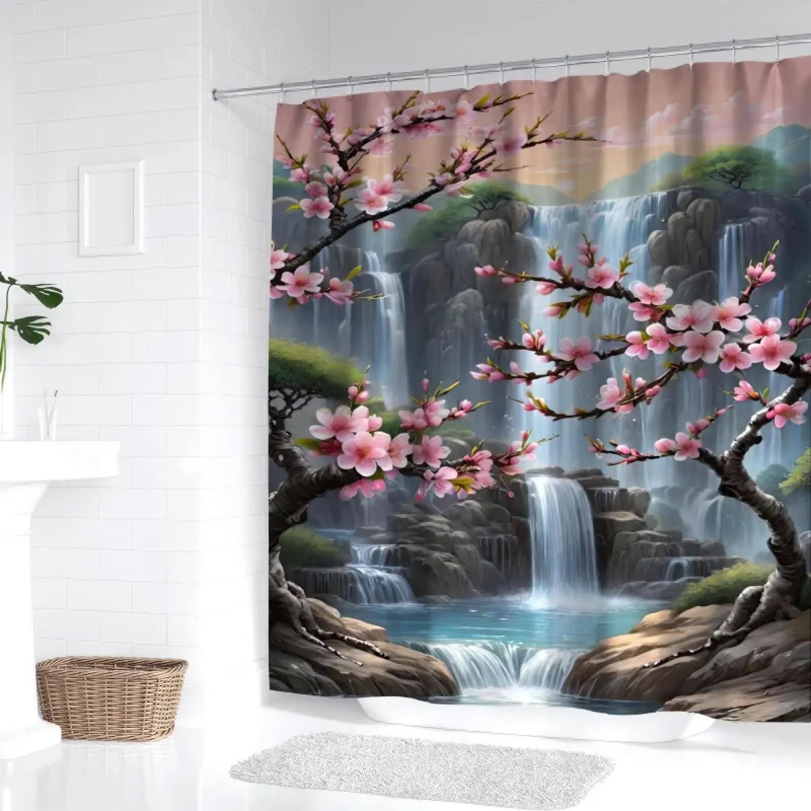 Rideau de douche fleurs de pêcher pour créer une ambiance spa et nature