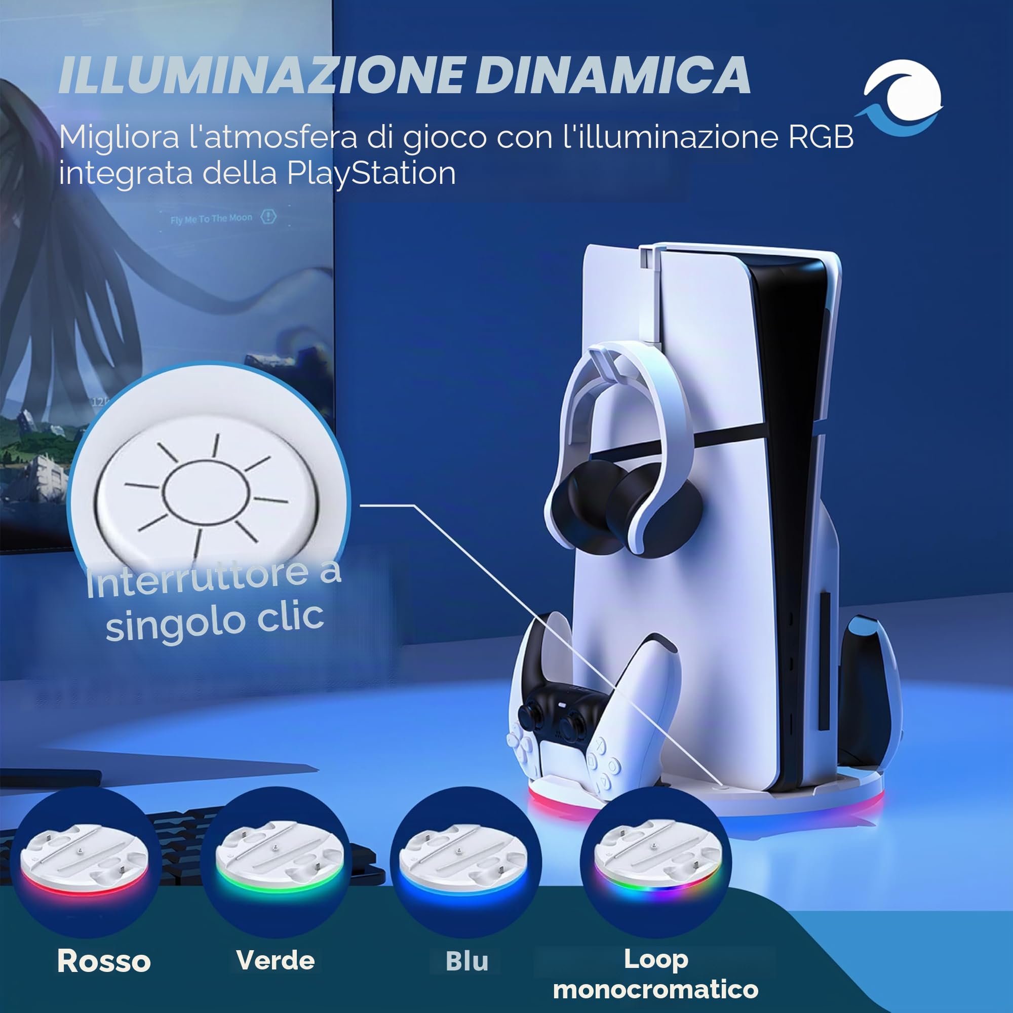 Supporto con caricatore Dual Controller per PS5 Slim - PlayStation 5 - Base di ricarica per Dual Controller e Supporto per Cuffie - Illuminazione RGB - Ricarica rapida - per Dual Sense e