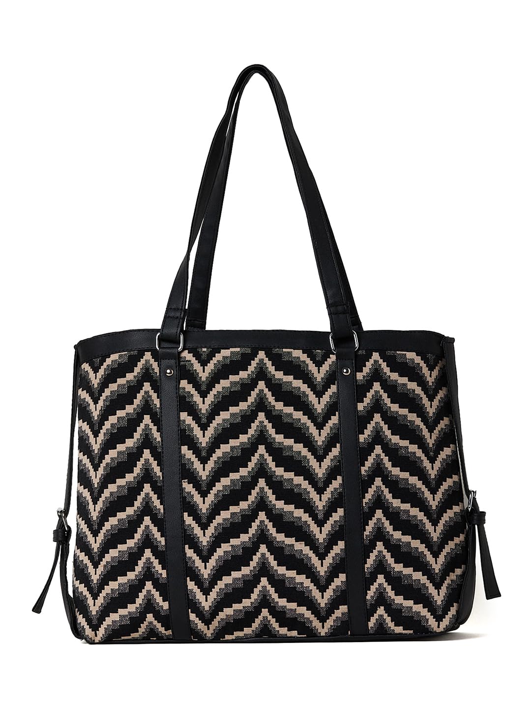 Chevron Pattern Tote Bag for Women, Black and Beige-image-23