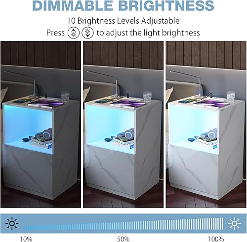 Miniatura 8 de HOMMPA Juego de 2 mesitas de noche LED con estante abierto con estación de carga, mesa de noche con 2 cajones, mesa de noche negra de alto brillo