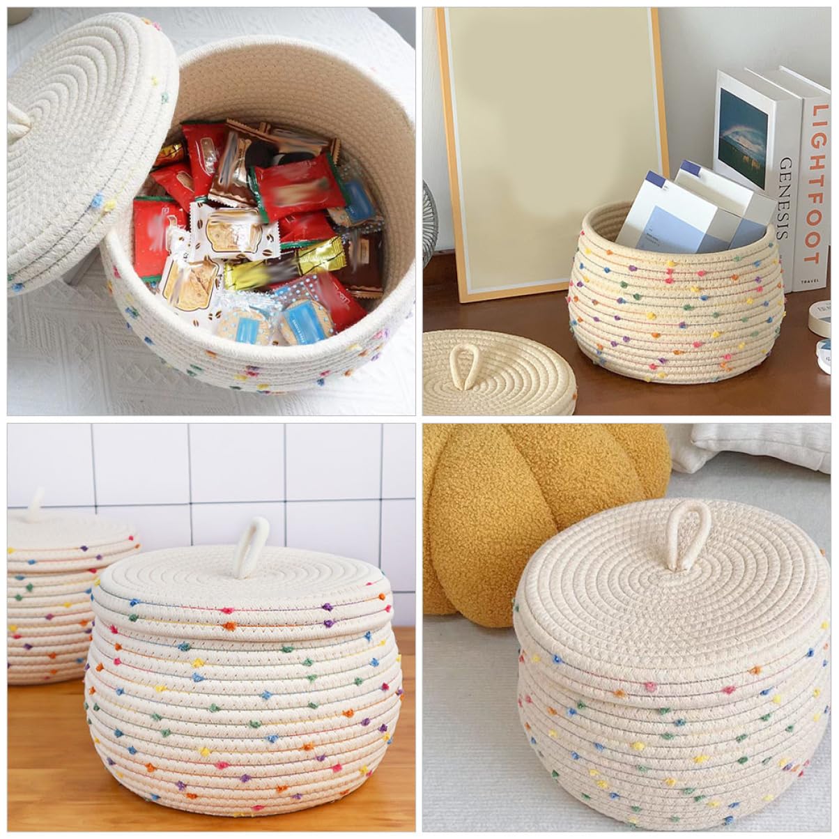 Cesta De Almacenamiento De Algodón Tejido Cesta Con Tapa Organizador De Hogar
