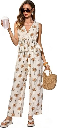 OYOANGLE Women's 2 Piece Outfits Set Summer Dressy Floral Graphic Print Drawstri