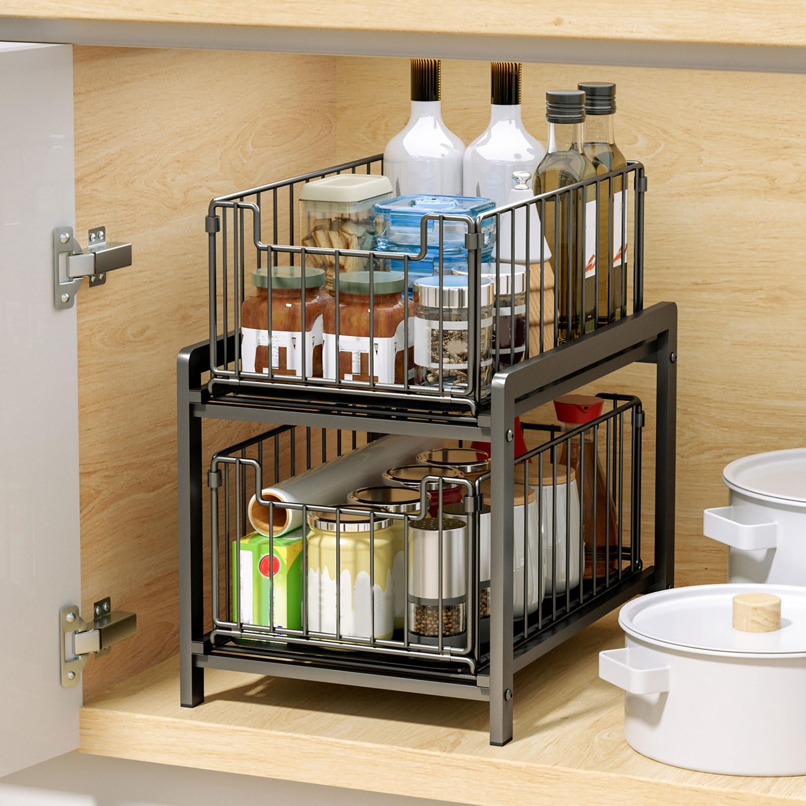 Rengue Organisateur Sous évier Étagère à épices Extractible à 2 Niveaux Étagère à épices Coulissante de Rangement en Fer avec Tiroirs Amovibles pour Comptoir D'armoire de