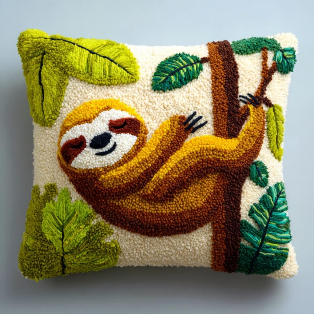 kitphoenix Latch Hook Kit Cushion Sloths 43X43Cm Handmade Knitted Cushion Material Package,Beginner Friendly DIY Craft Set,Home Decor Pillow