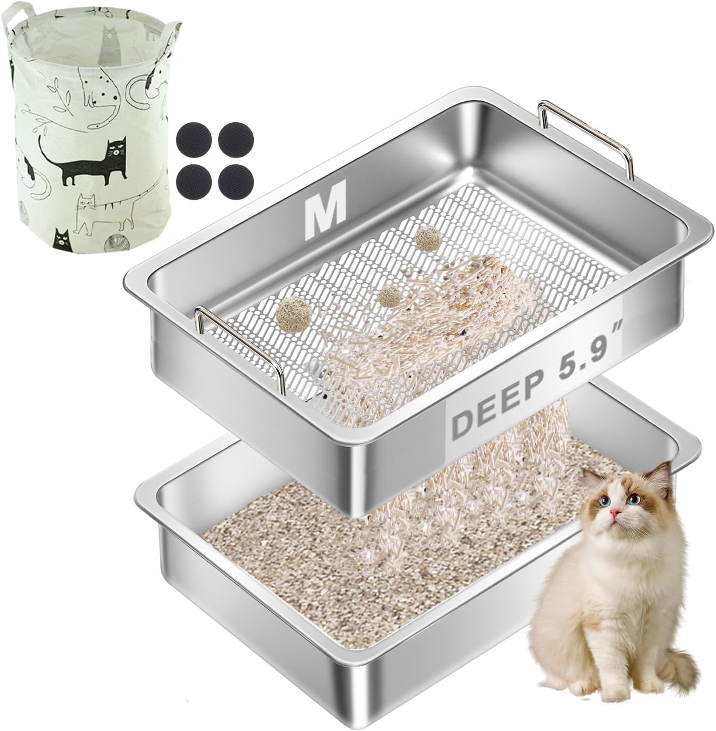 Stainless Steel Sifting Cat Litter Box for Clumping Clay Litter,Large Metal Litter Box with Litter Bag,Sifting Tray and Handle for Easy Lifting, Odor Control (17.7"x13.7"x5.9")