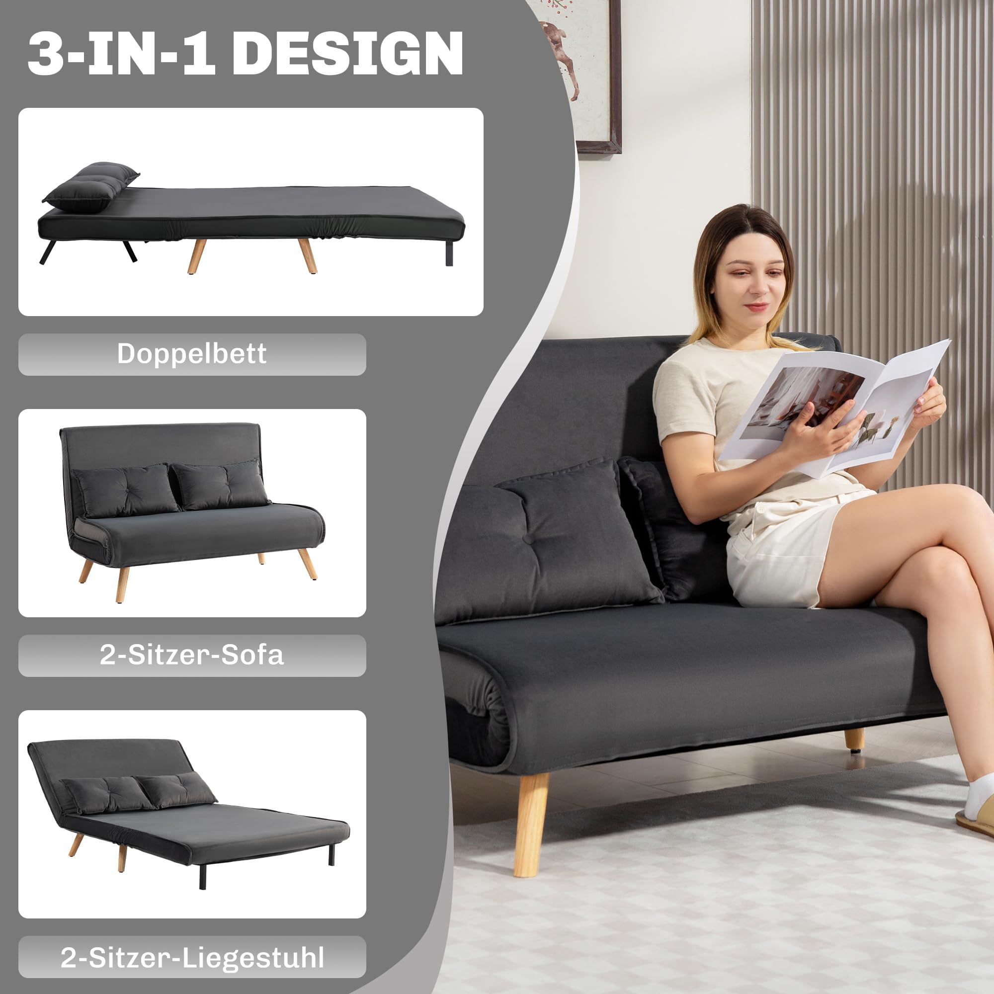 HOMCOM Schlafsofa 3 in 1 2 Sitzer mit Schlaffunktion 190x120cm Dunkelgrau