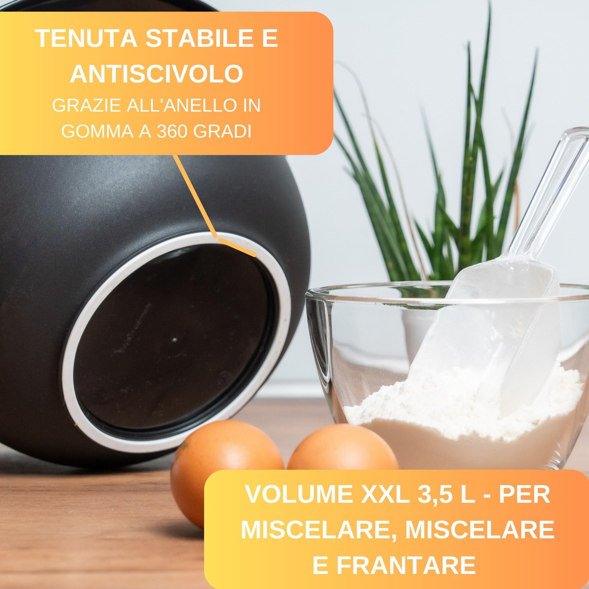 Thiru Ciotola per mescolare e cuocere – con coperchio paraspruzzi – antiscivolo e senza BPA – con 50 ricette – Made in Germany (nero, confezione doppia – 3,5 l e pentola)