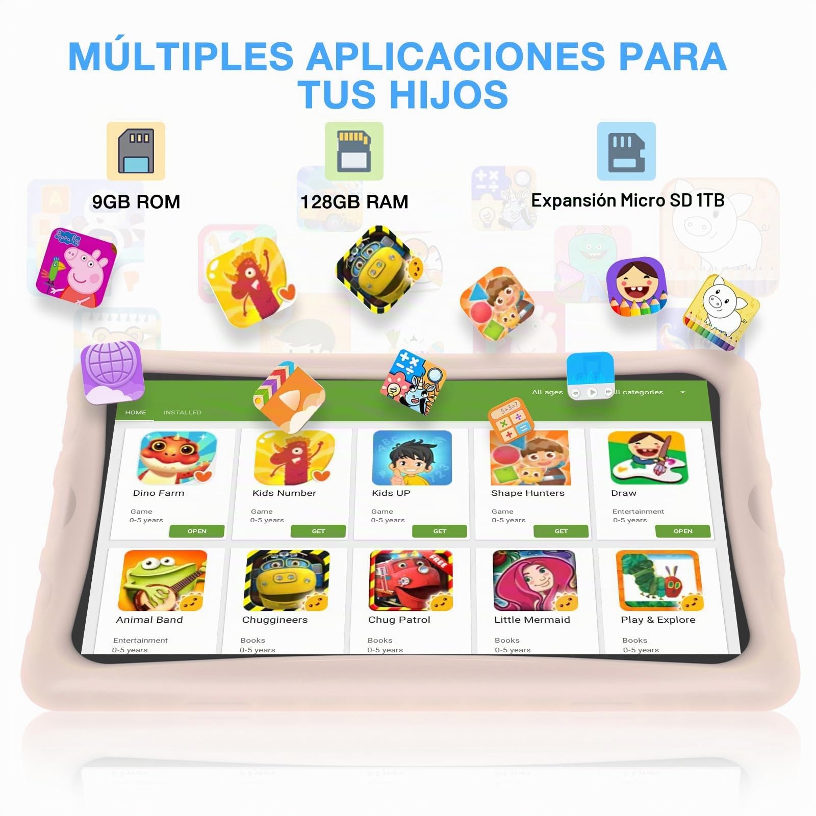 U10Kid Tablet Niños 10.1 Pulgadas Android 13, 9GB +128GB (TF 1TB), Certificado TÜV&DRM L1, WiFi 6, Bluetooth, Kids Juego Educativos, Cámara Dual, Control Parental, Kid-Proof Funda Tablet -Rosa