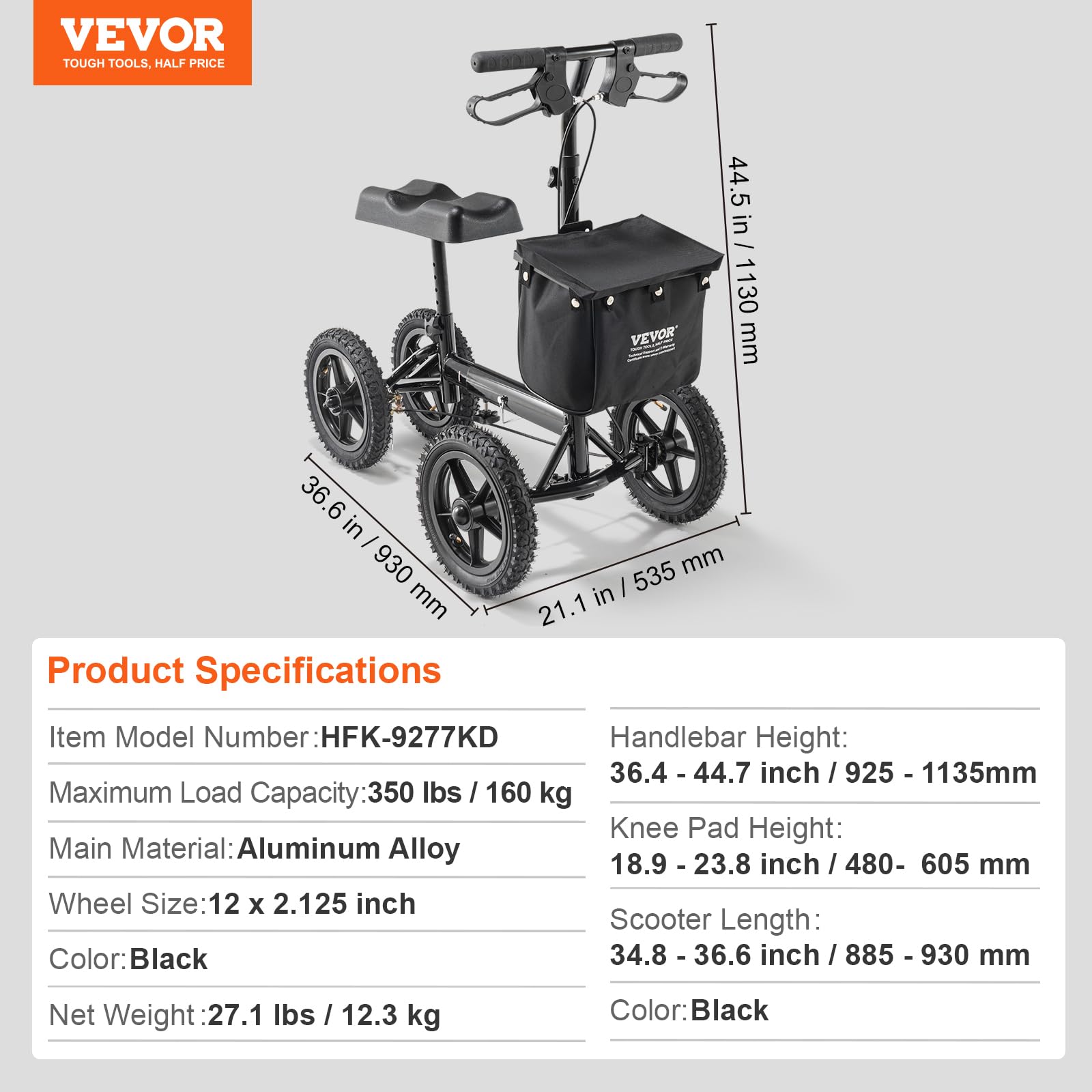 VEVOR Patinete de Rodilla Plegable, Andador de Rodilla Orientable de Aluminio con Manillar Ajustable en Altura y Rodillera, Frenos Dobles, Recuperación de Piernas para Lesiones, 160 kg, Negro