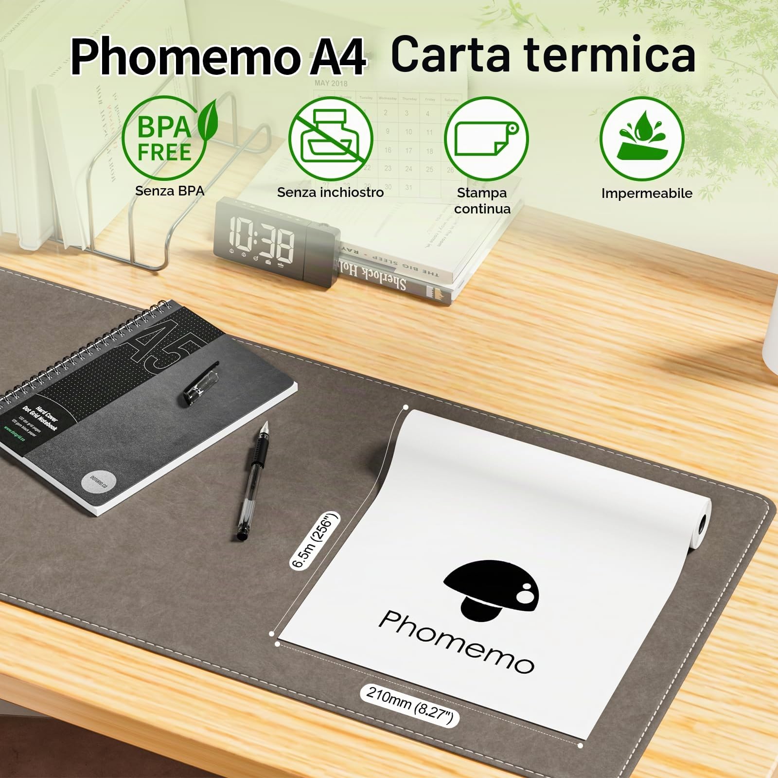 Phomemo M832 A4 Carta termica per stampante, 210 mm x 6,5 m | (8,27" x 256"), compatibile con Phomemo M832/M833/M834 stampante portatile A4, per viaggi, casa, foto, fattura, 4 Rotoli