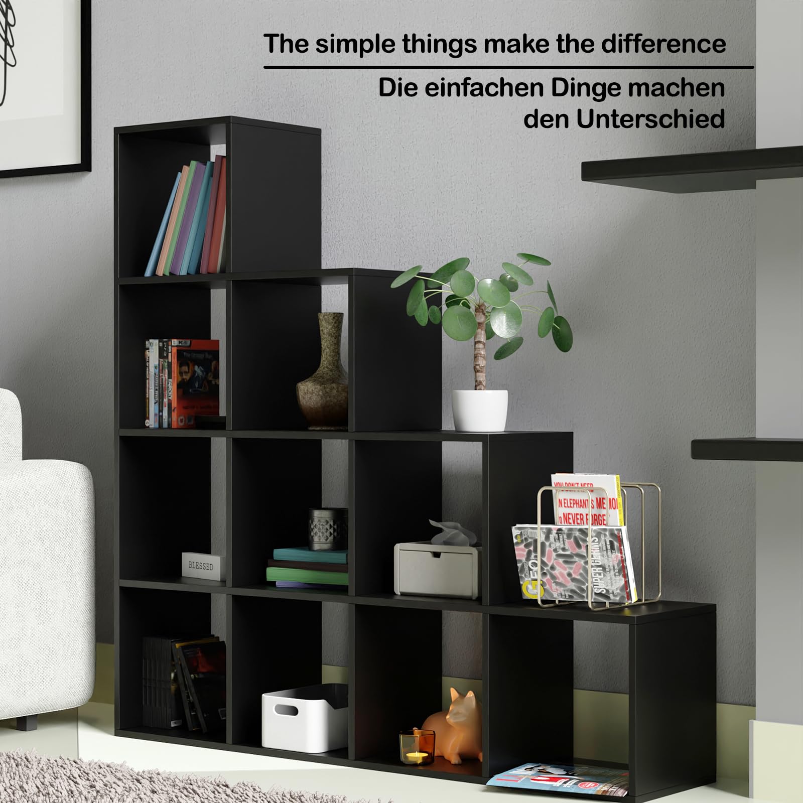 MIADOMODO® Treppenregal - Schwarz, 10 Fächer, 129,5x29x129,5 cm, für Wohnzimmer, Stabil, Offen, Freistehend, Indoor, aus MDF-Platte - Stufenregal, Raumteiler Regal, Bücherregal, Standregal