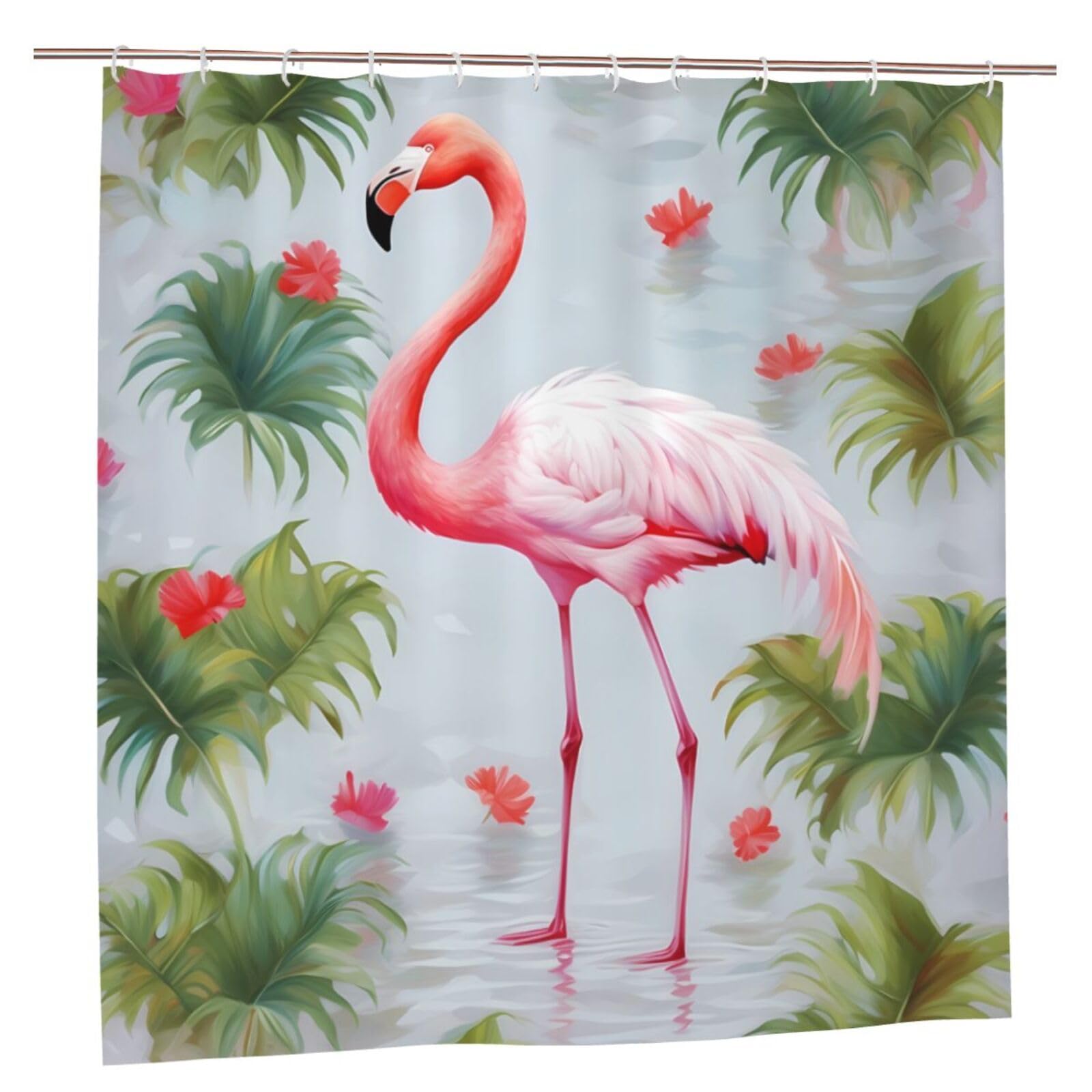 Rideau de douche imperméable motif flamant rose blanc en tissu lavable épais avec 12 crochets