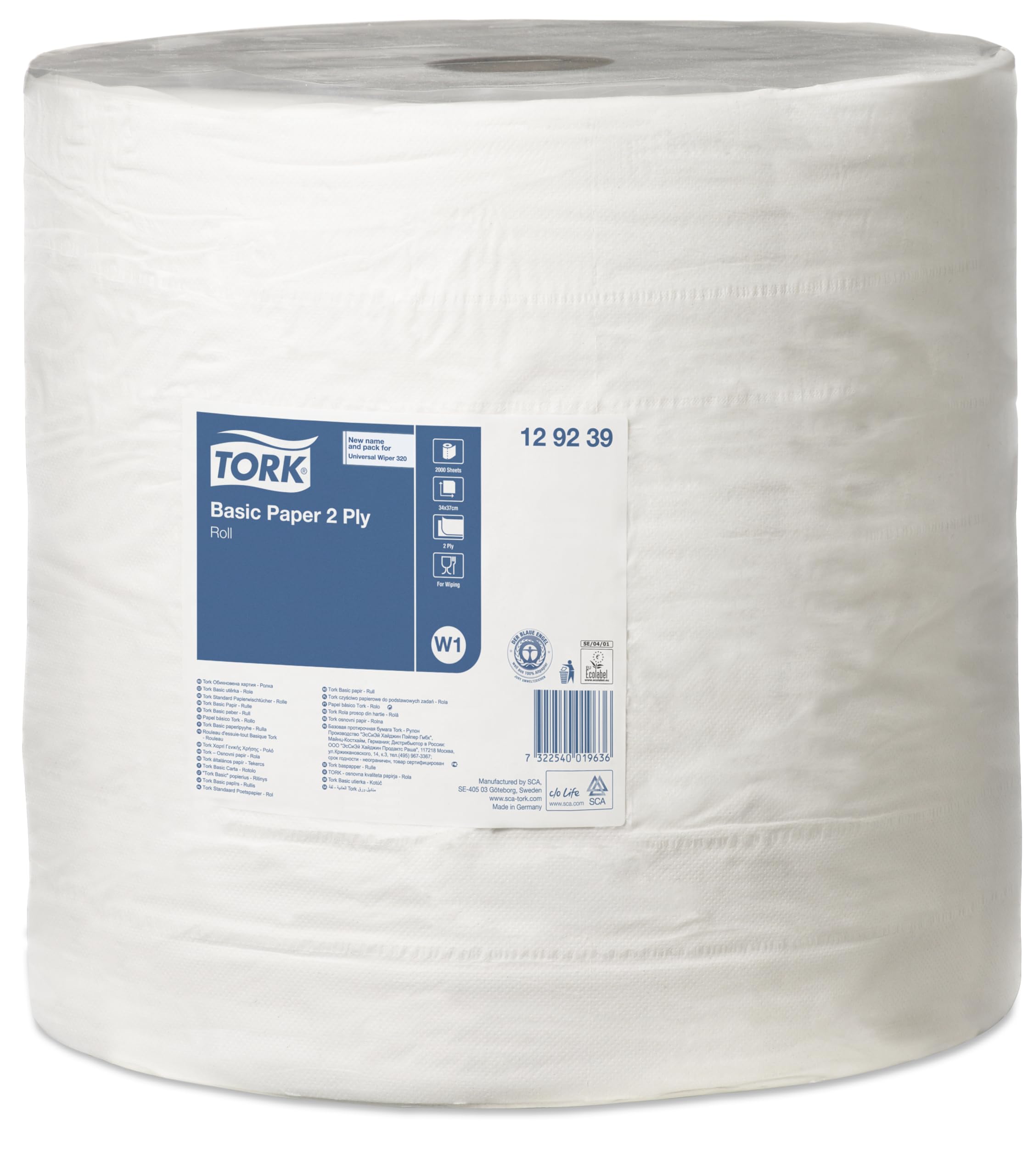 Tork 129239 Papel básico de dos capas/Paños de papel compatibles con el sistema W1 de Tork/Universal / 1 x bobina de 680 m/color blanco