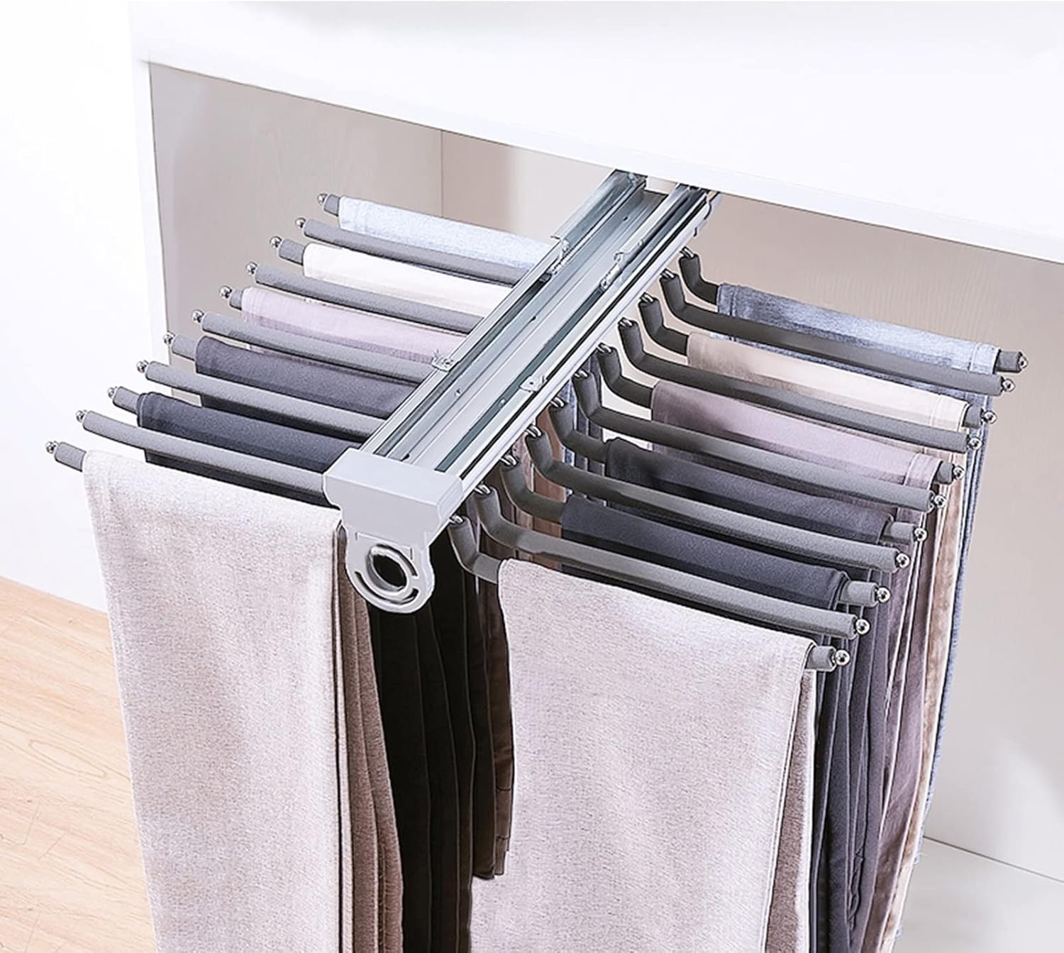 Pull Out Trousers Rack 22 Arms, Damping Buffer Pants Hangers Jeans Hangers Clothes Organizers, for Space Saving and Storage Maximum Load 33lbs, 45.8x58.8cm/18.03x23.15in (Color : Beige)