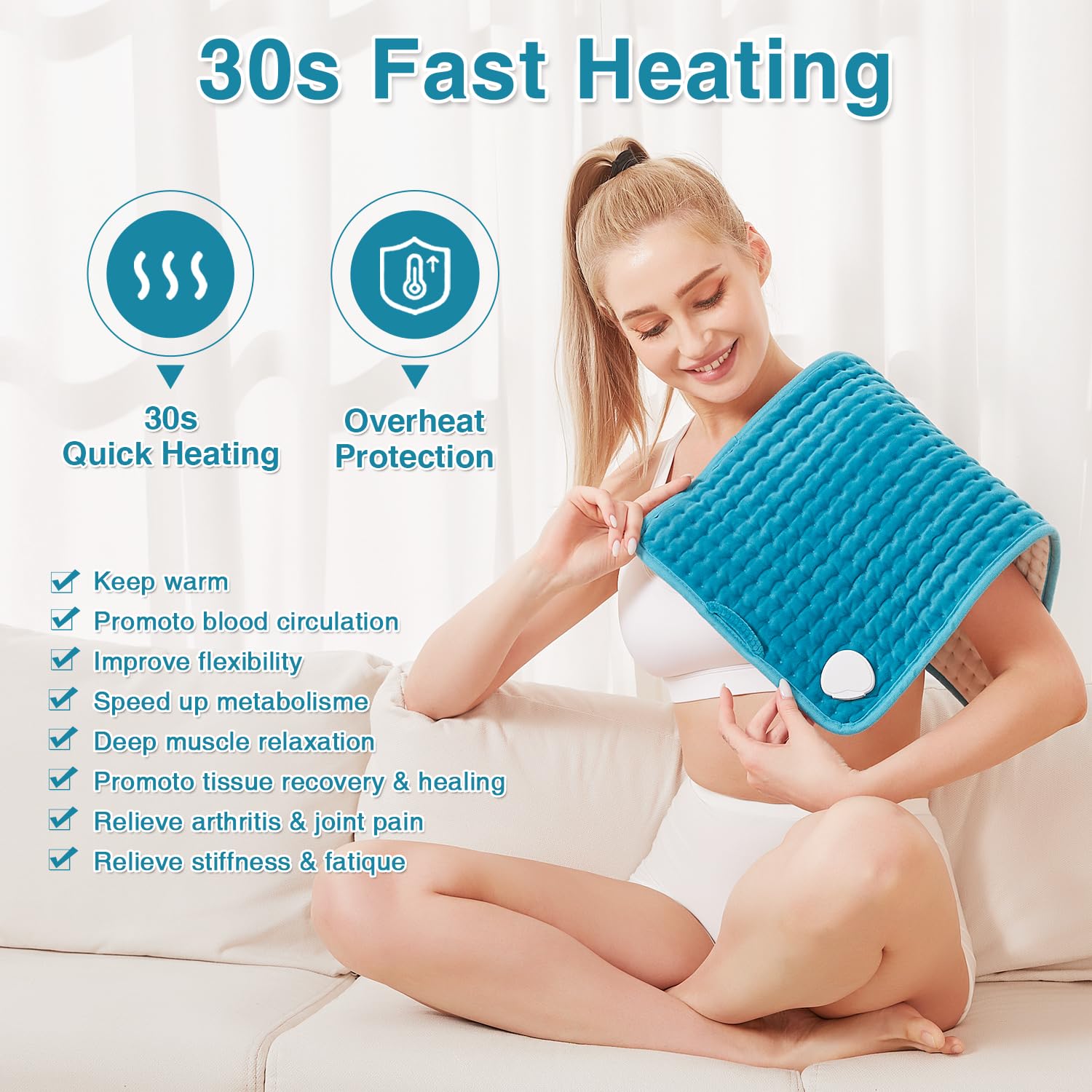 JOBYNA Termoforo Elettrico, Cuscino Termoforo per Alleviare il Dolore, Cuscino Termico 30-70℃ & 10-90 Minuti Regolabili, Cuscinetto riscaldante per Addome, Collo, Spalla e Schiena (30 * 60cm)