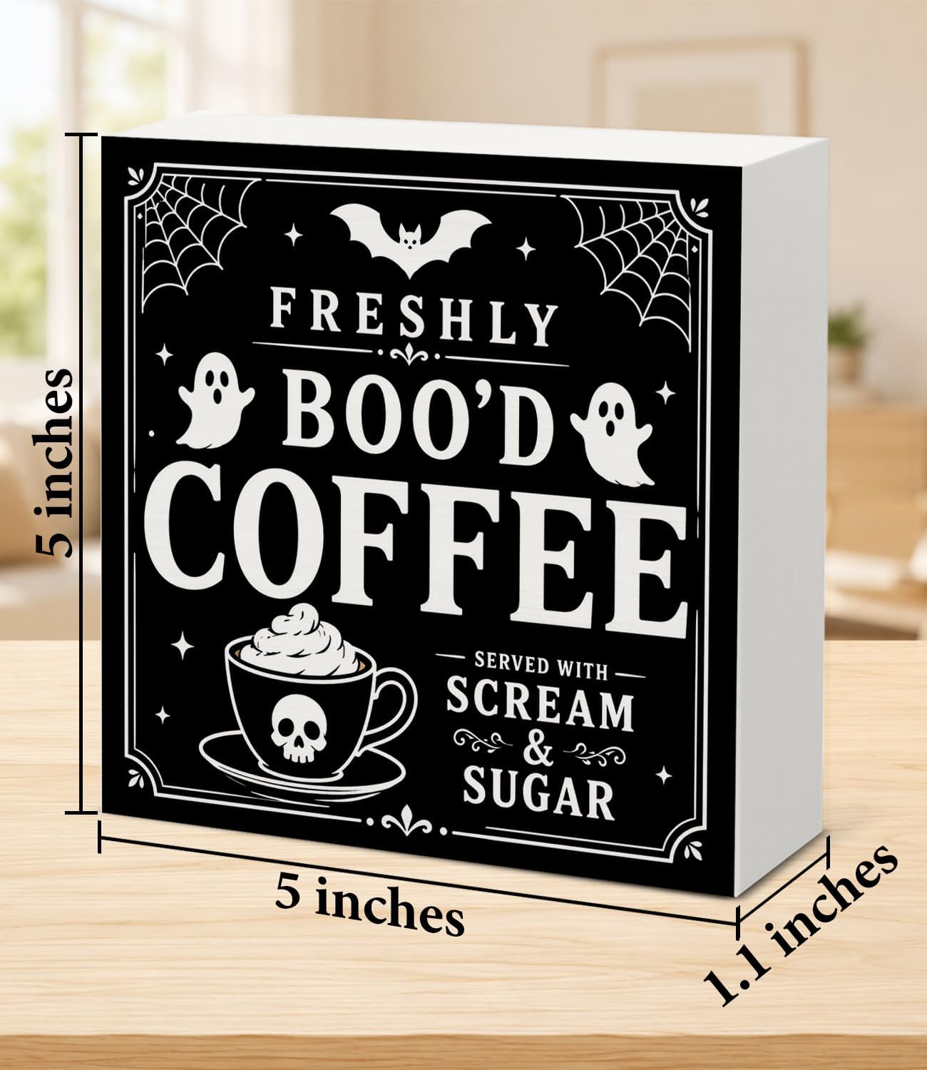 Halloween Coffee Bar Desk Decor, Cute Ghost Freshly Boo’d Coffee Wooden Box Sign, Spooky Ghost Kitchen Shelf Decor for Home Cafe Table Decoration Halloween Gifts 5x5 Inches image 3