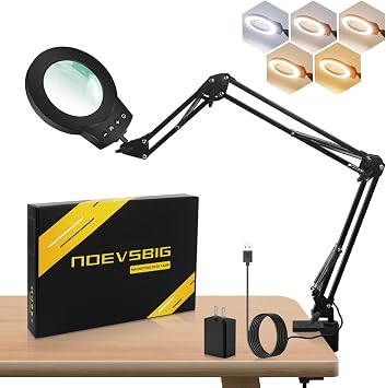 NOEVSBIG Magnifying Glass with Light 10X Desktop Lamp Close Work Up for Desk Crafting, Reading, Sewing, Panting, Soldering, Ultra 3-Section Swing Arm Design for Large Workbench, Hands Free Magnifier | Close Work Up for Desk Crafting, Reading, Sewing, Panting, Soldering, Ultra 3-Section Swing Arm Design for Large Workbench