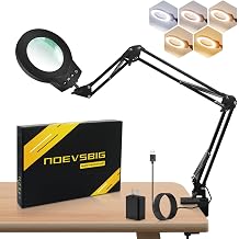 NOEVSBIG Magnifying Glass with Light 10X Desktop Lamp Close Work Up for Desk Crafting, Reading, Sewing, Panting, Soldering, Ultra 3-Section Swing Arm Design for Large Workbench, Hands Free Magnifier